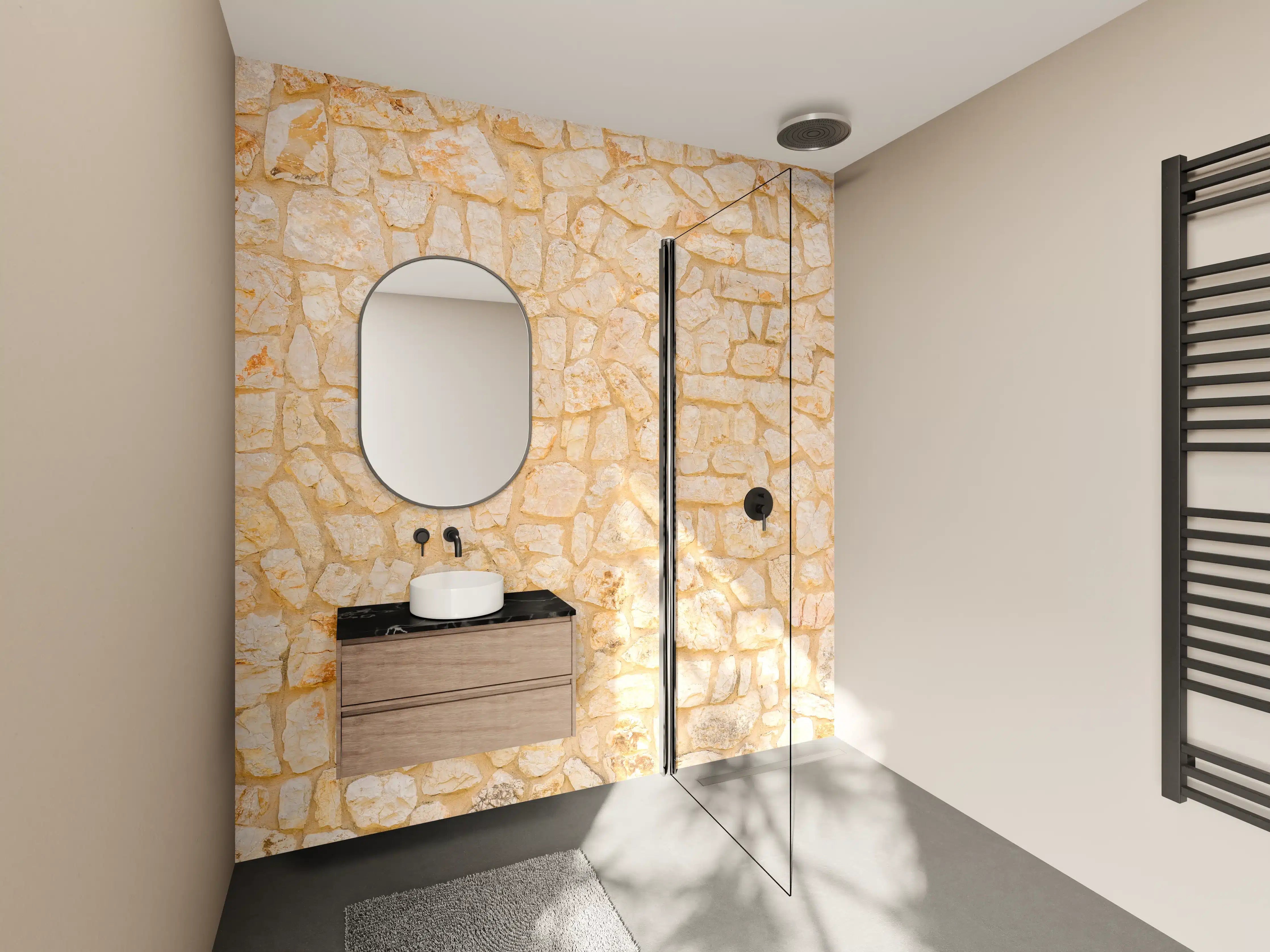 Wandverkleidung Bad - Helle Steinwand mit warmen Tönen