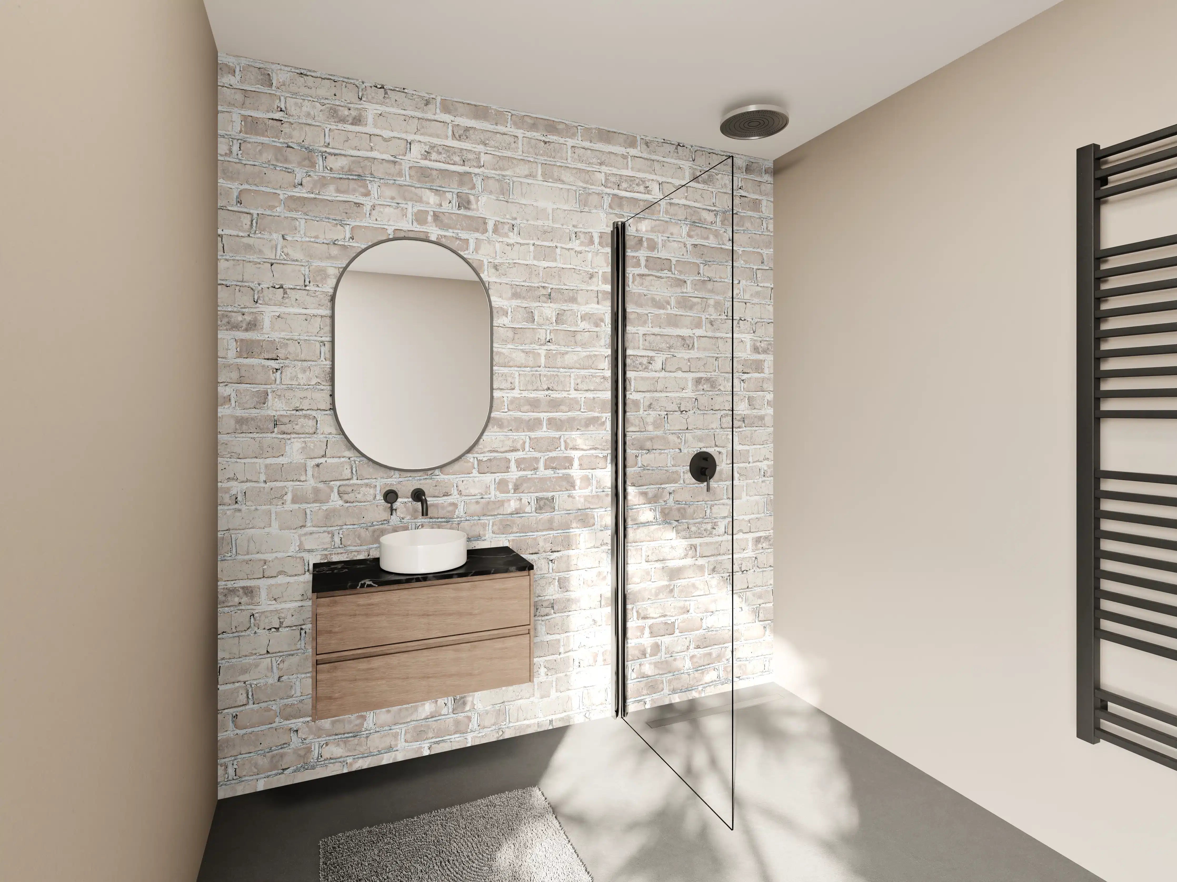 Wandverkleidung Bad - Helle Ziegelsteinwand in neutralen Tönen