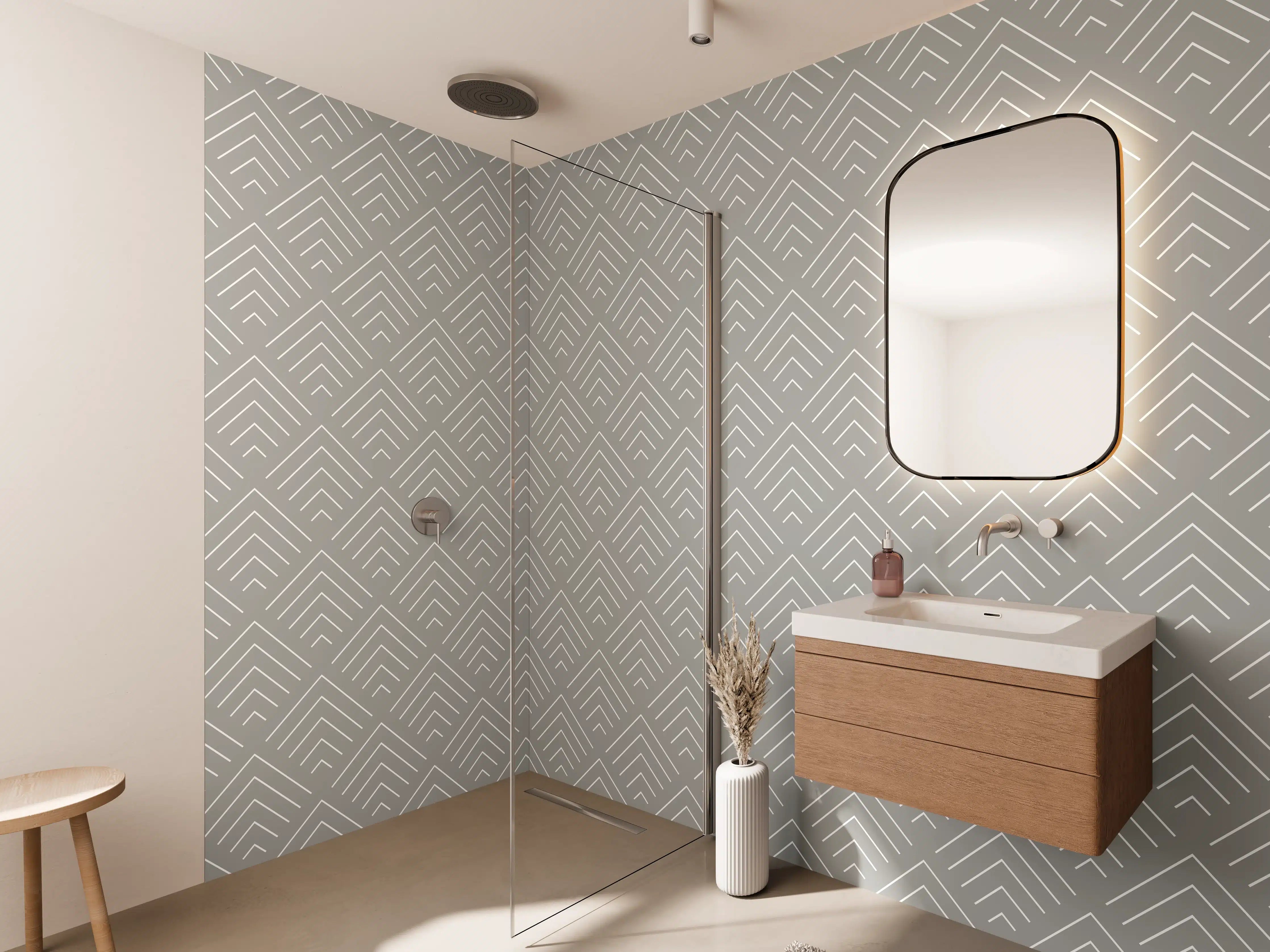 Wandverkleidung Bad - Helle geometrische Muster in neutralen Tönen