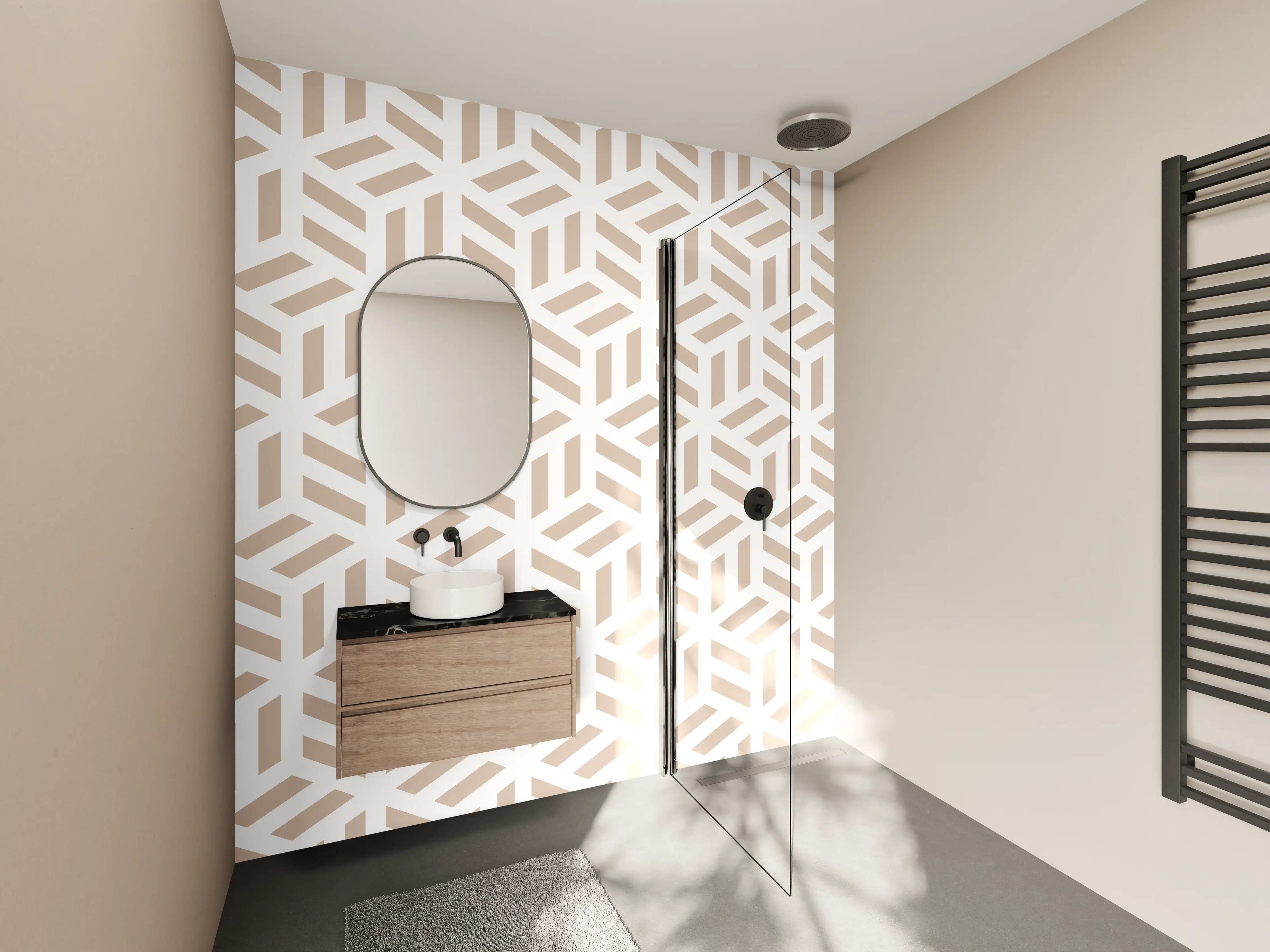 Wandverkleidung Bad - Helle geometrische Mustertapete mit Beigenuancen