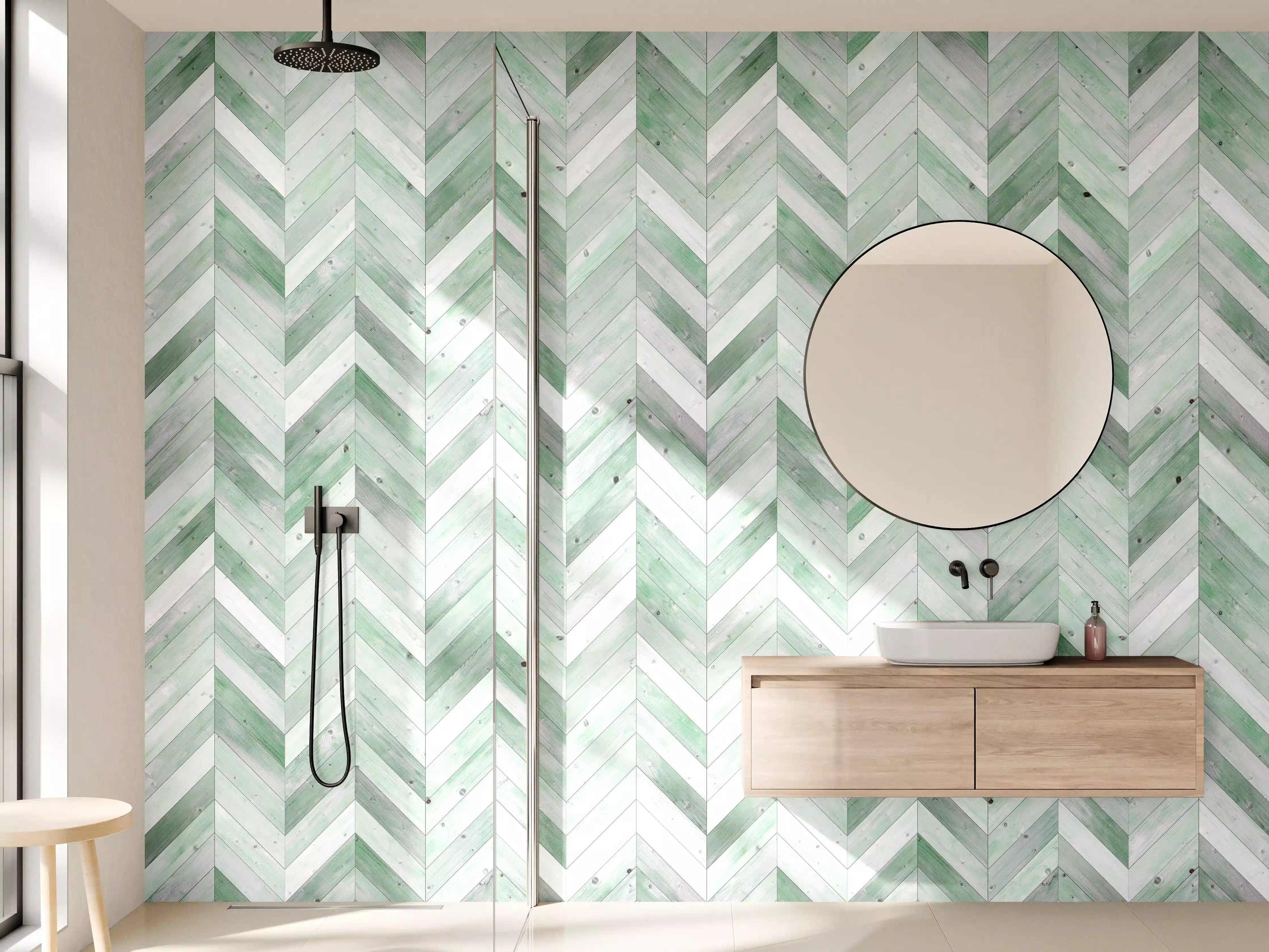 Wandverkleidung Bad - Helle grüne Marmor-Textur mit Chevron-Muster