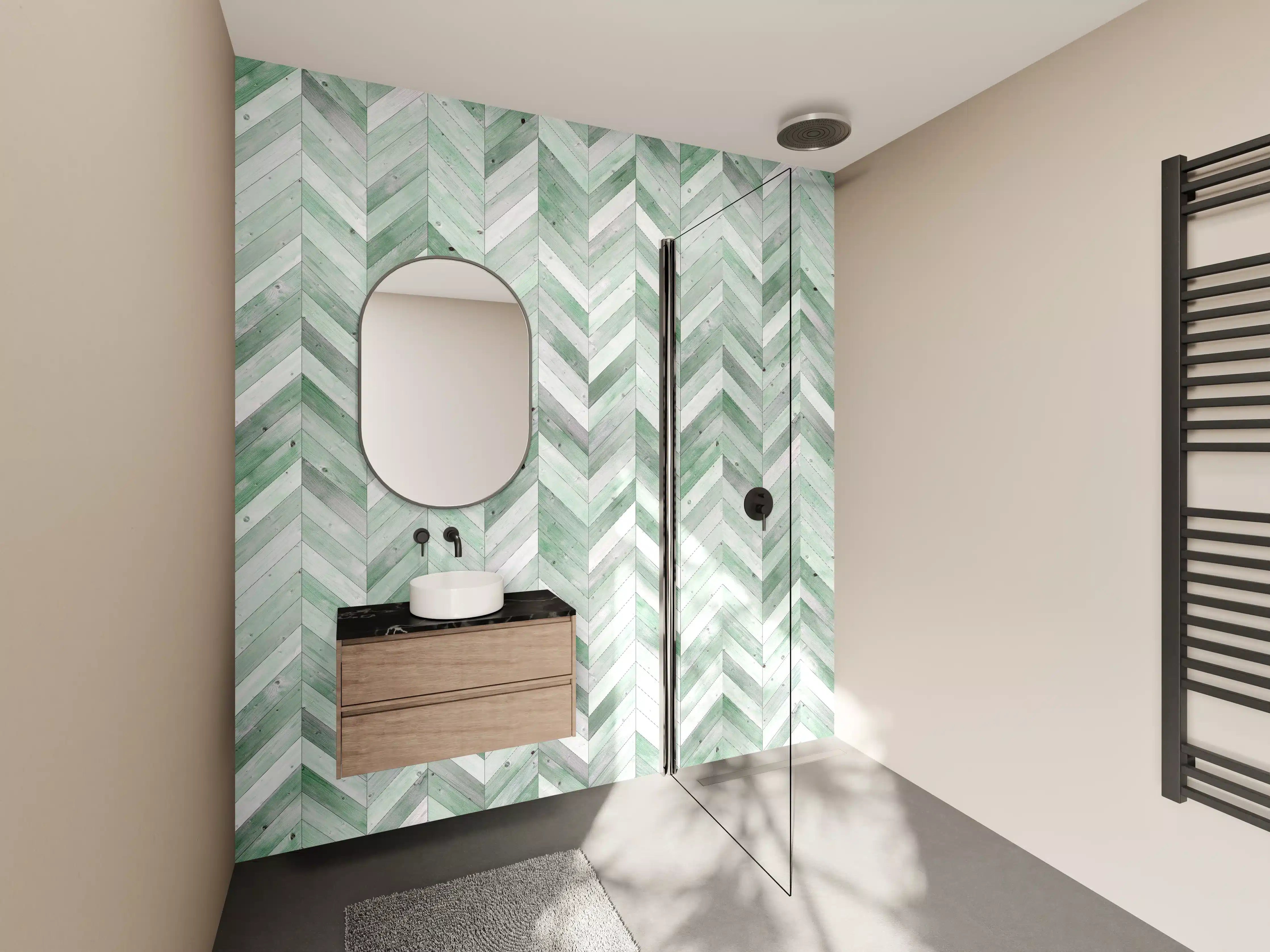 Wandverkleidung Bad - Helle grüne Marmor-Textur mit Chevron-Muster