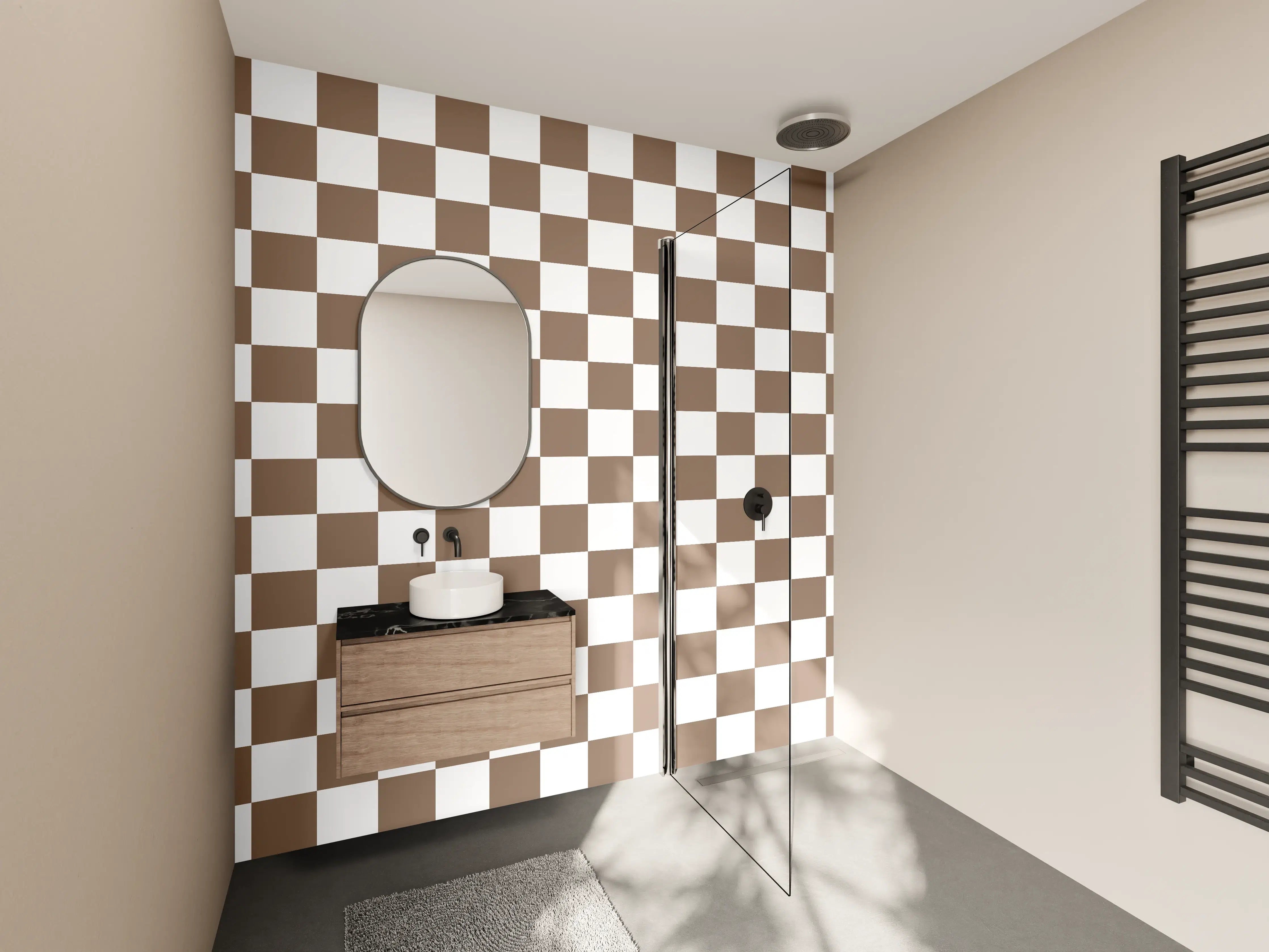 Wandverkleidung Bad - Helle, geometrische Fliesenmuster in Braun- und Beigetönen