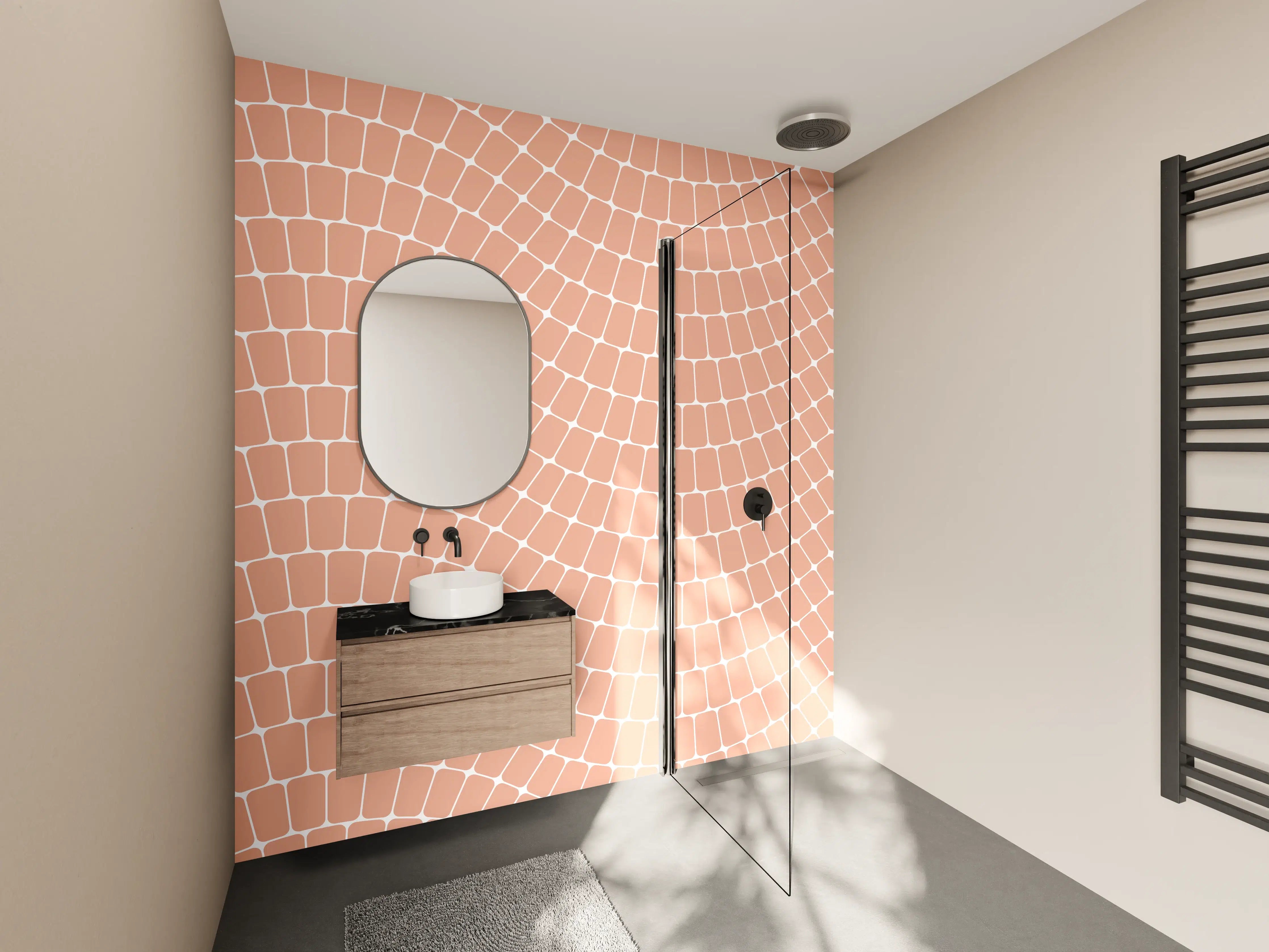 Wandverkleidung Bad - Helle, geometrische Fliesenmuster in Sand- und Beigetönen