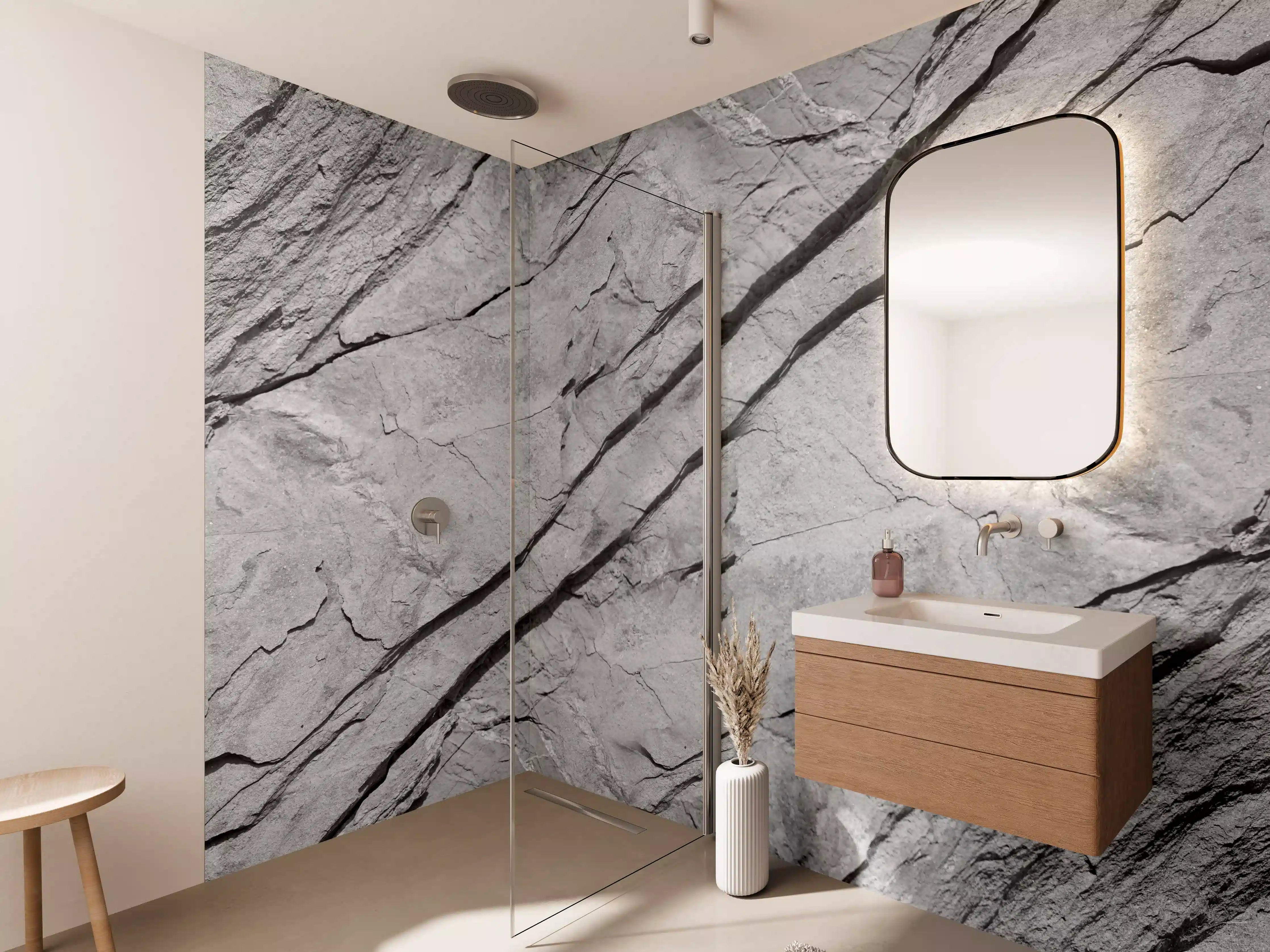 Wandverkleidung Bad - Heller Grauer Stein mit feiner Struktur