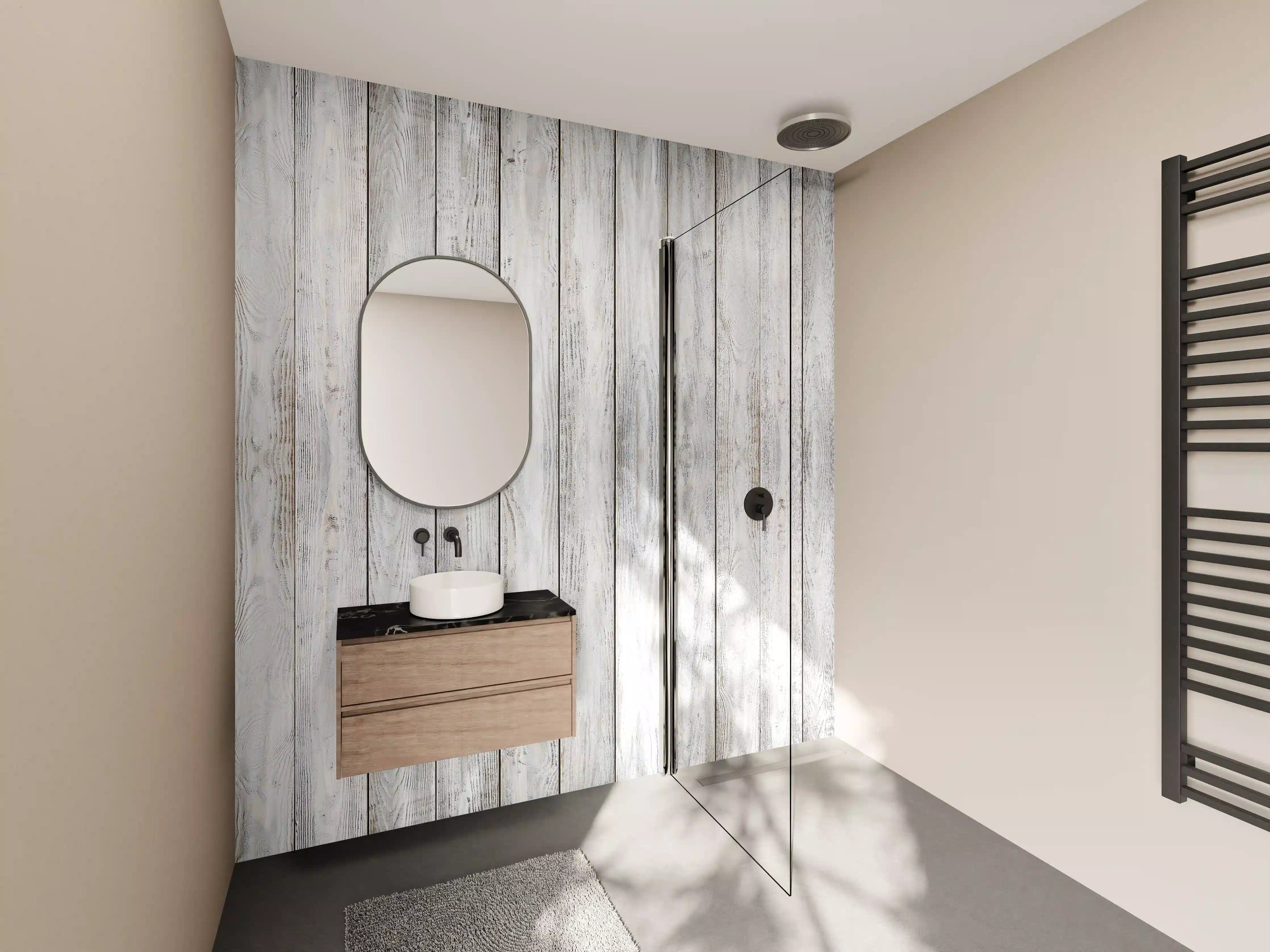 Wandverkleidung Bad - Heller Holzpaneel mit weißer Wash-Optik