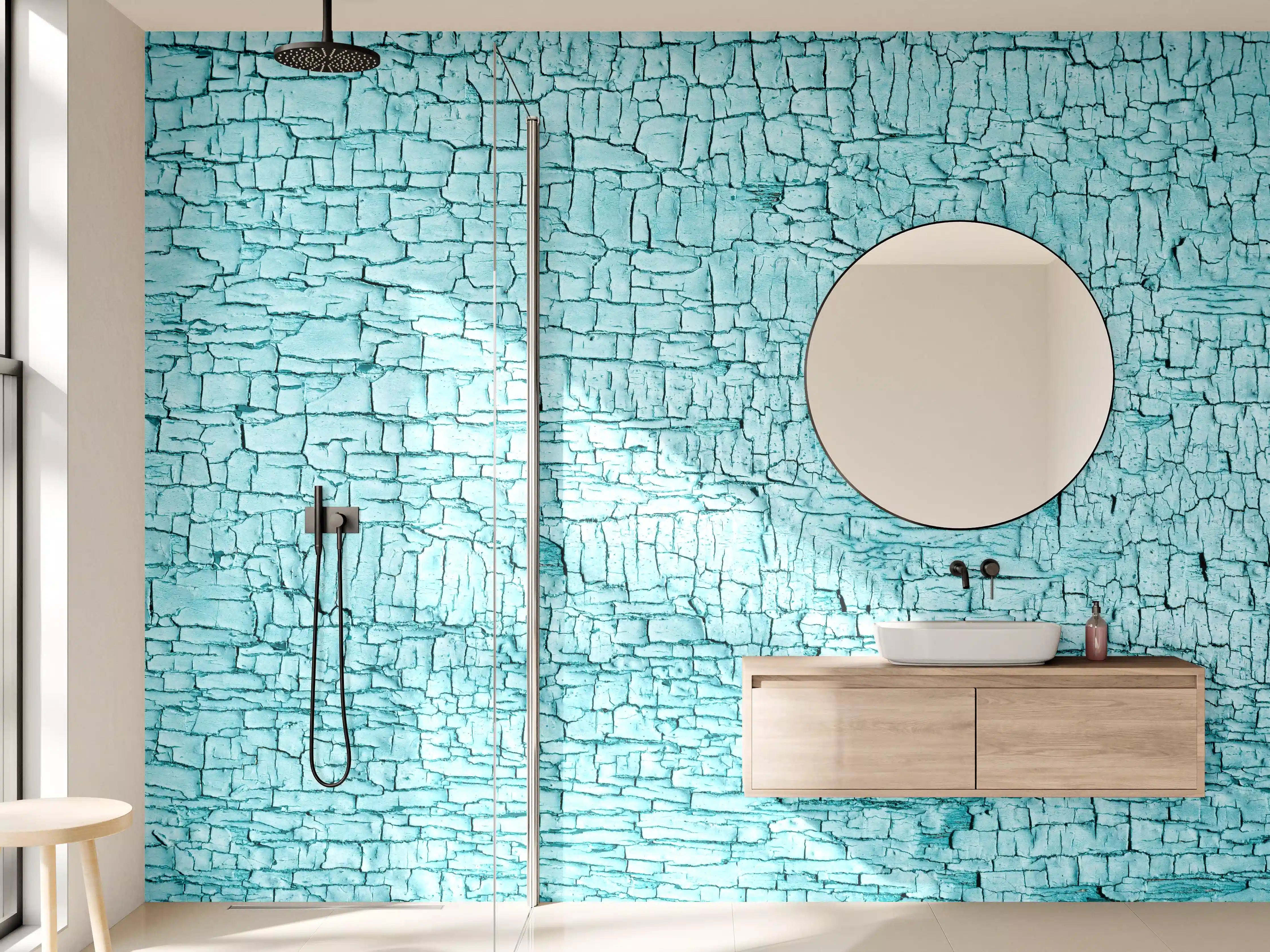 Wandverkleidung Bad - Heller blauer Rissputz mit feinen Crackle-Texturen