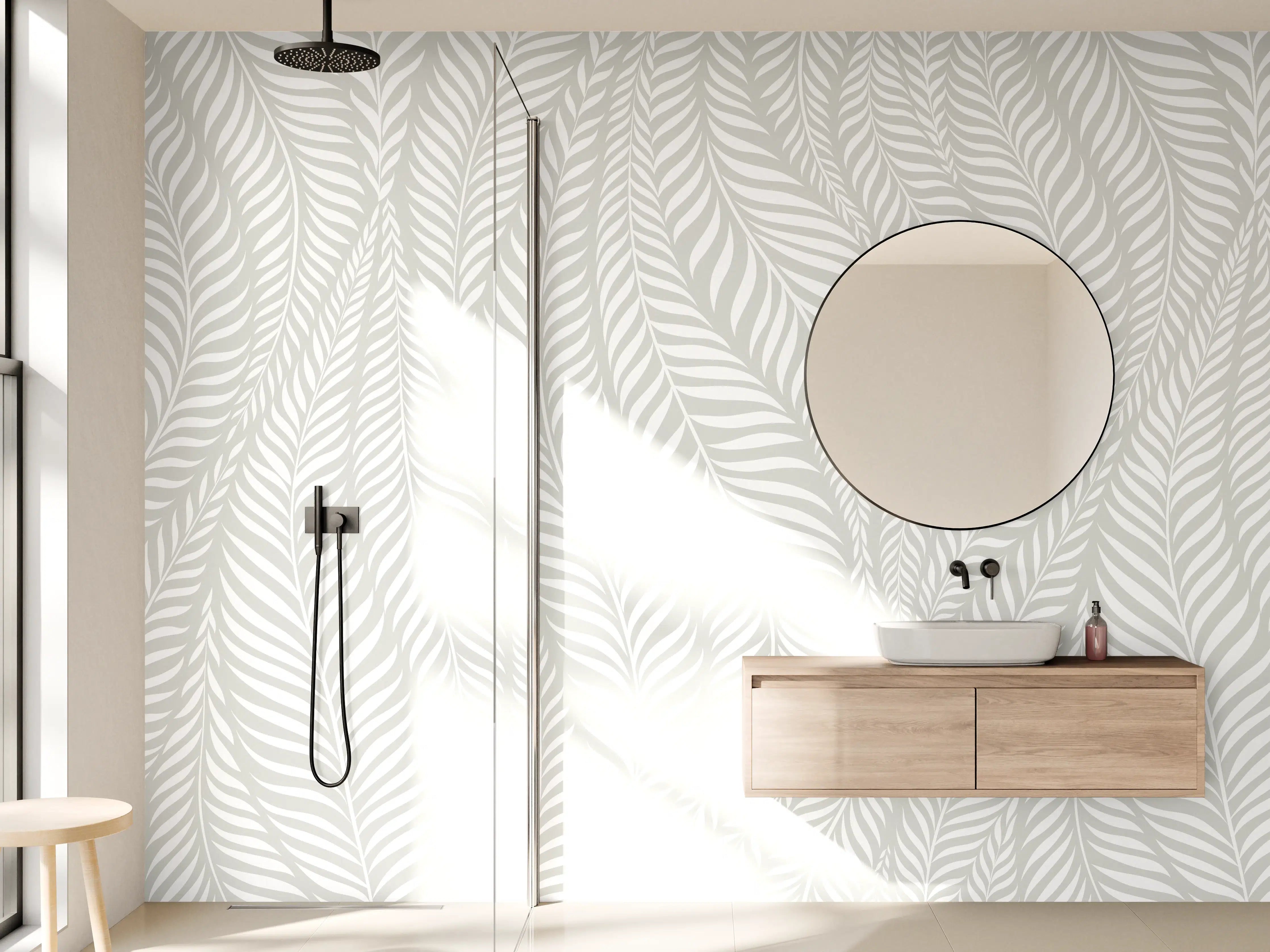 Wandverkleidung Bad - Helles Blättermuster mit hellgrauem Hintergrund