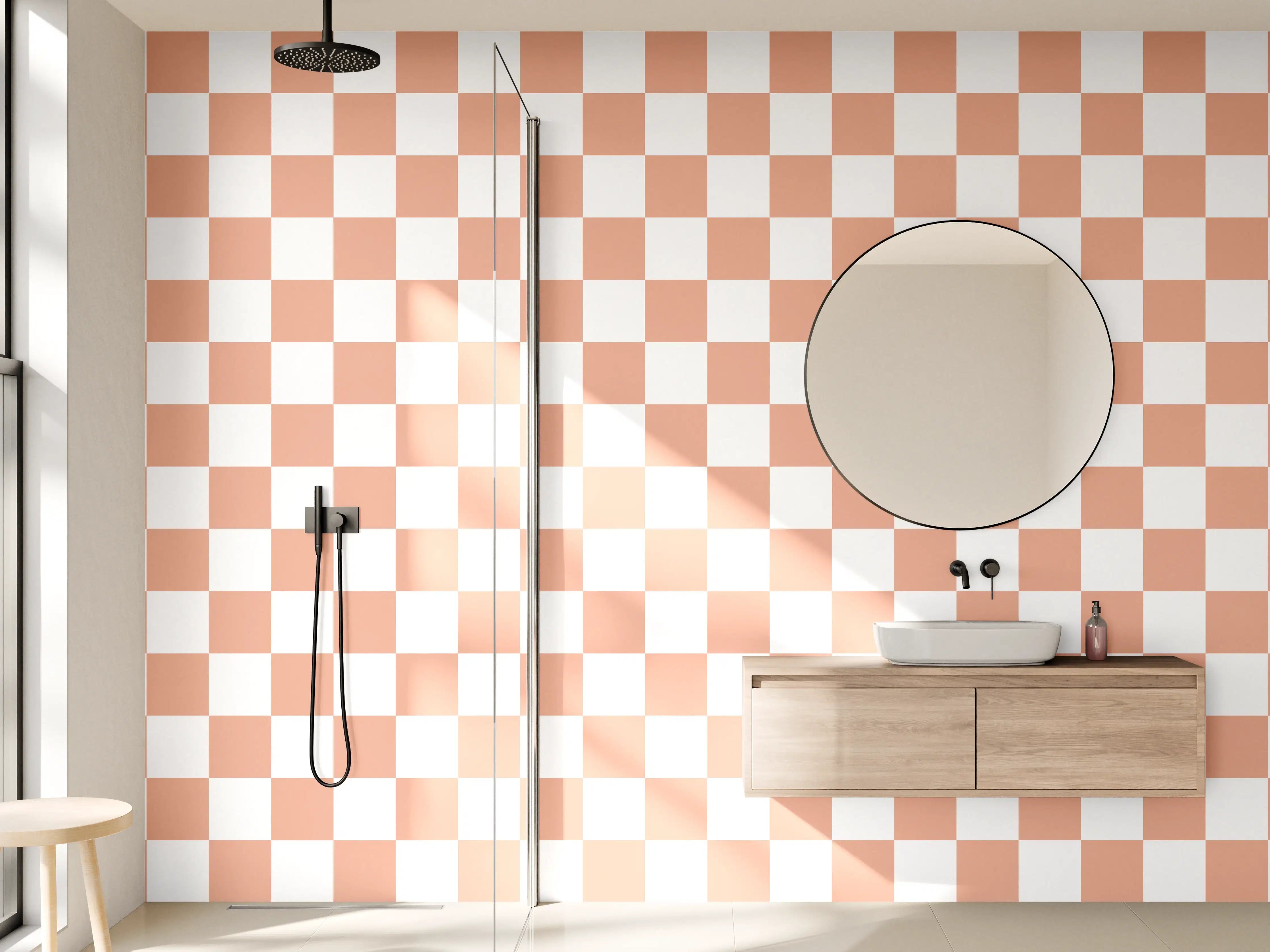 Wandverkleidung Bad - Helles Checkmuster in Peach- und Beigetönen