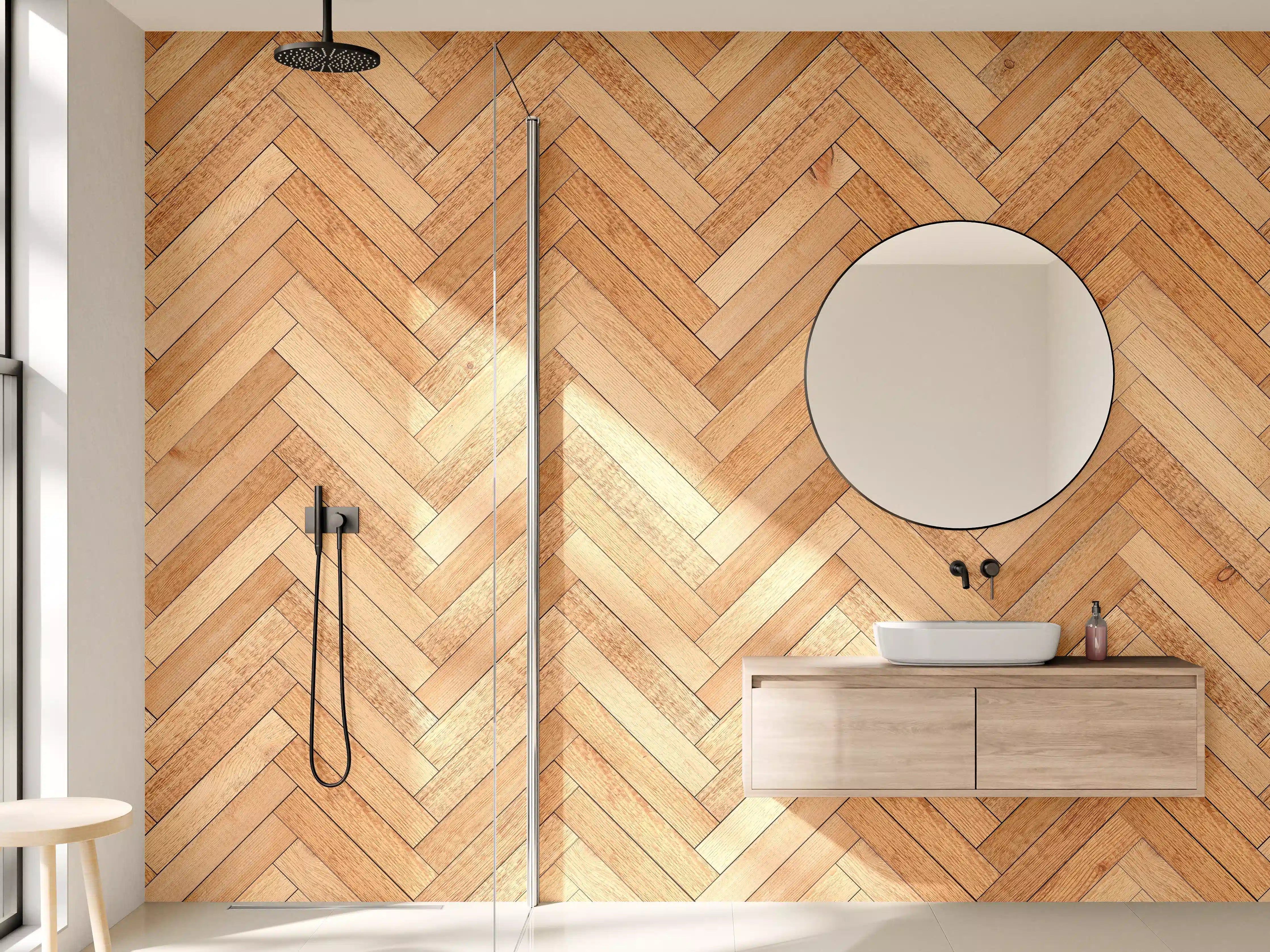 Wandverkleidung Bad - Helles Holzmuster mit diagonaler Anordnung