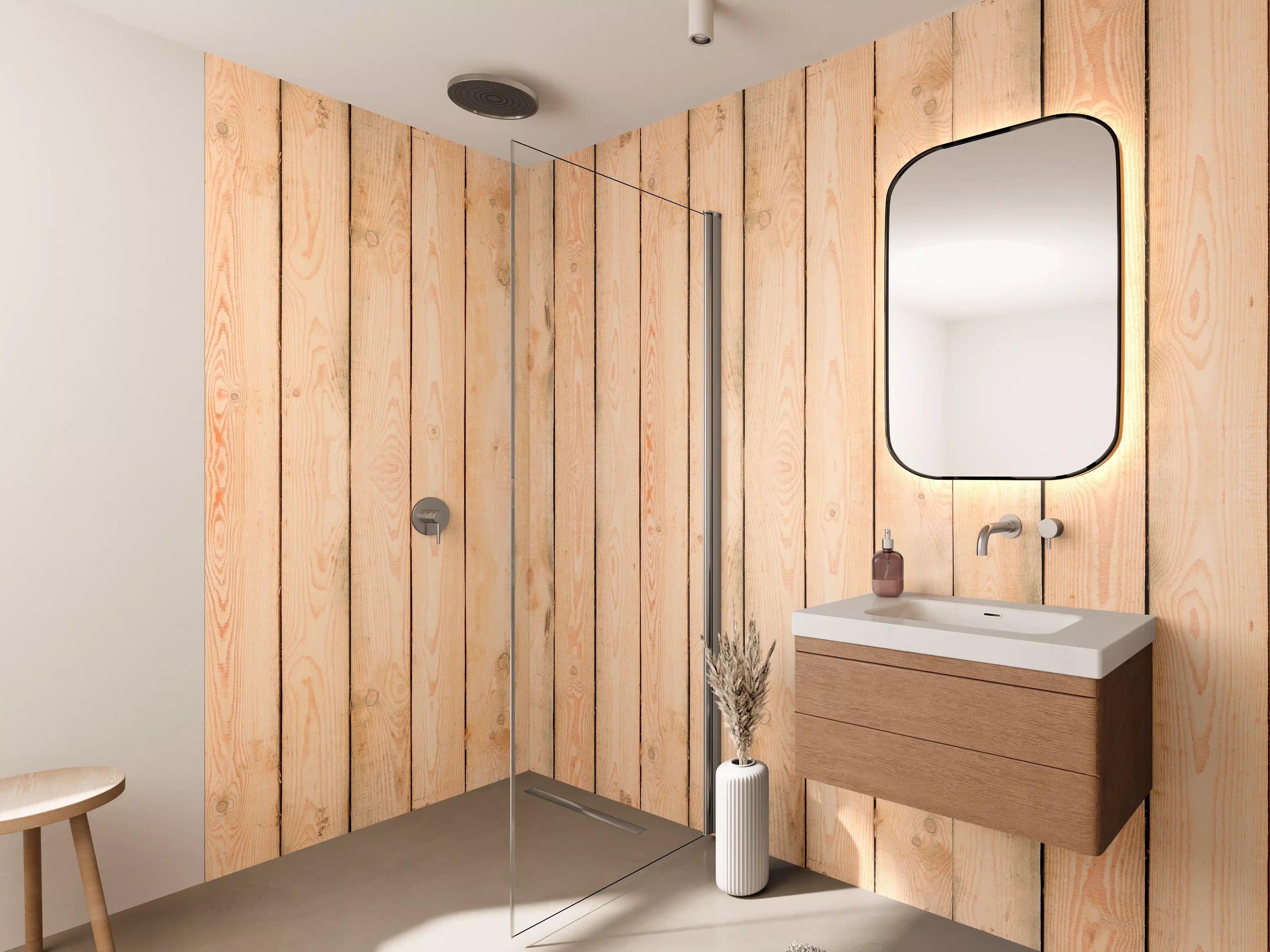 Wandverkleidung Bad - Helles Holzpaneel mit Graumaserung