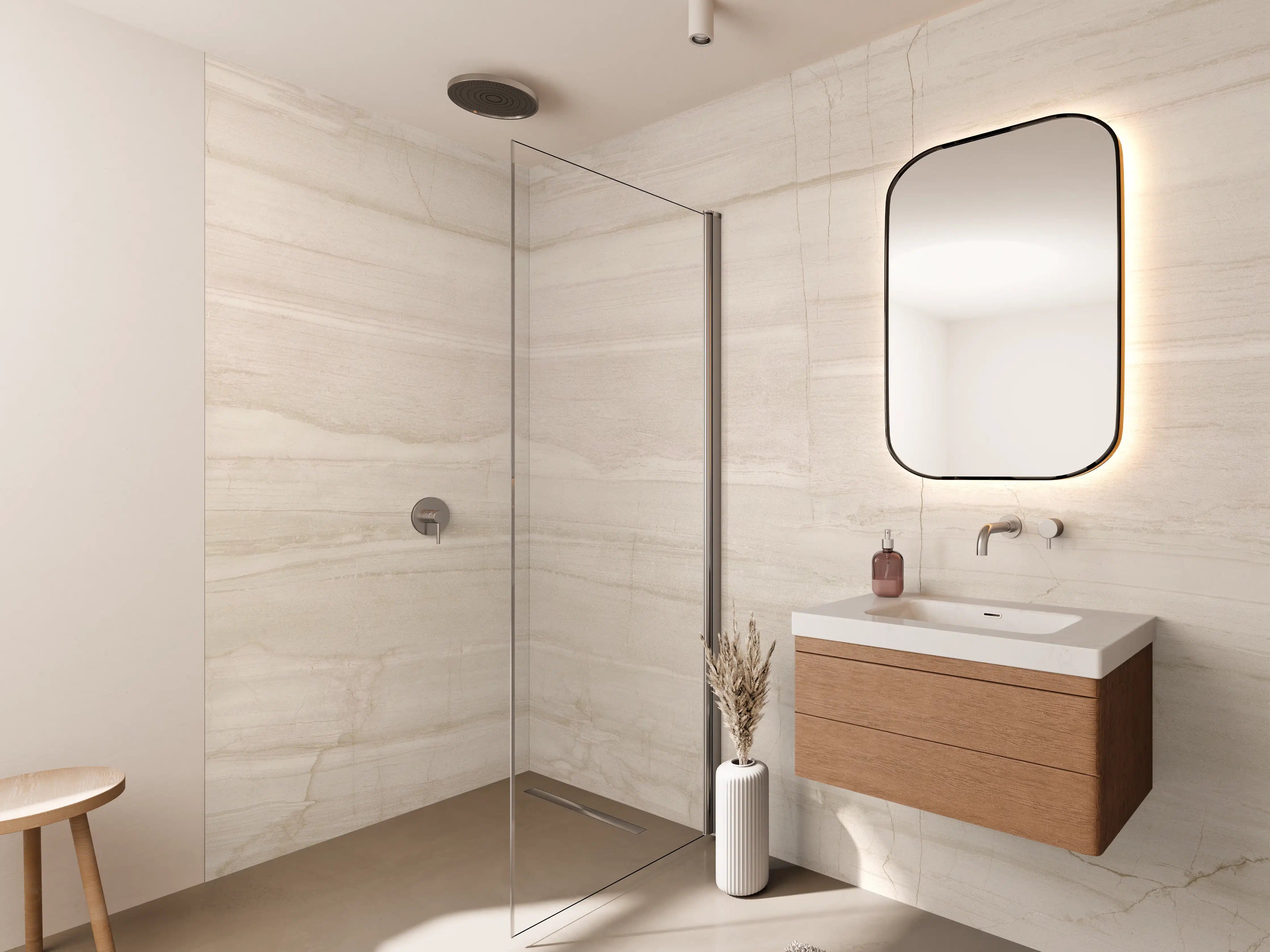 Wandverkleidung Bad - Helles Marmor-Design mit dezenten Linien