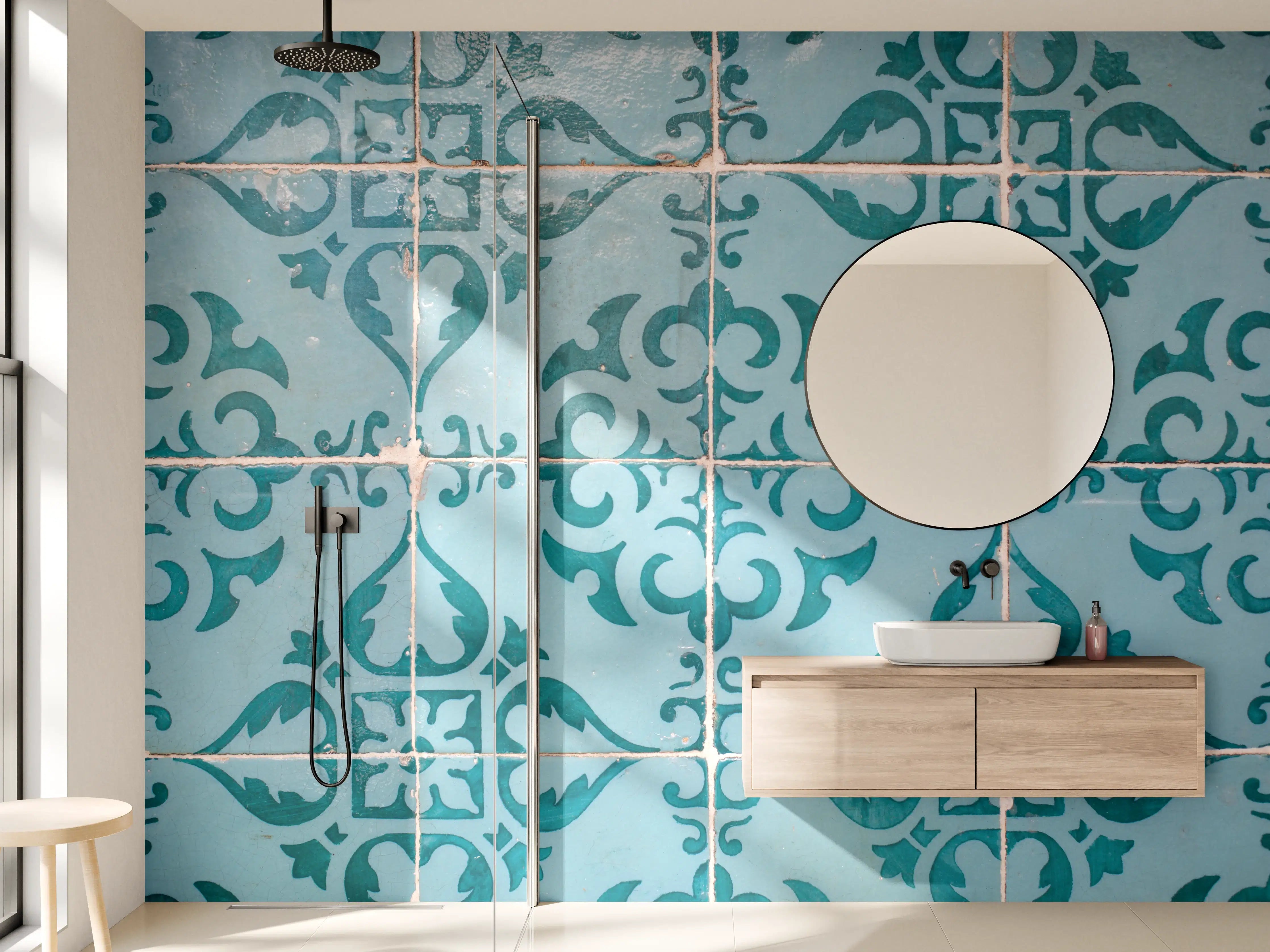 Wandverkleidung Bad - Helles türkises Fliesenmuster mit eleganten Ornamenten