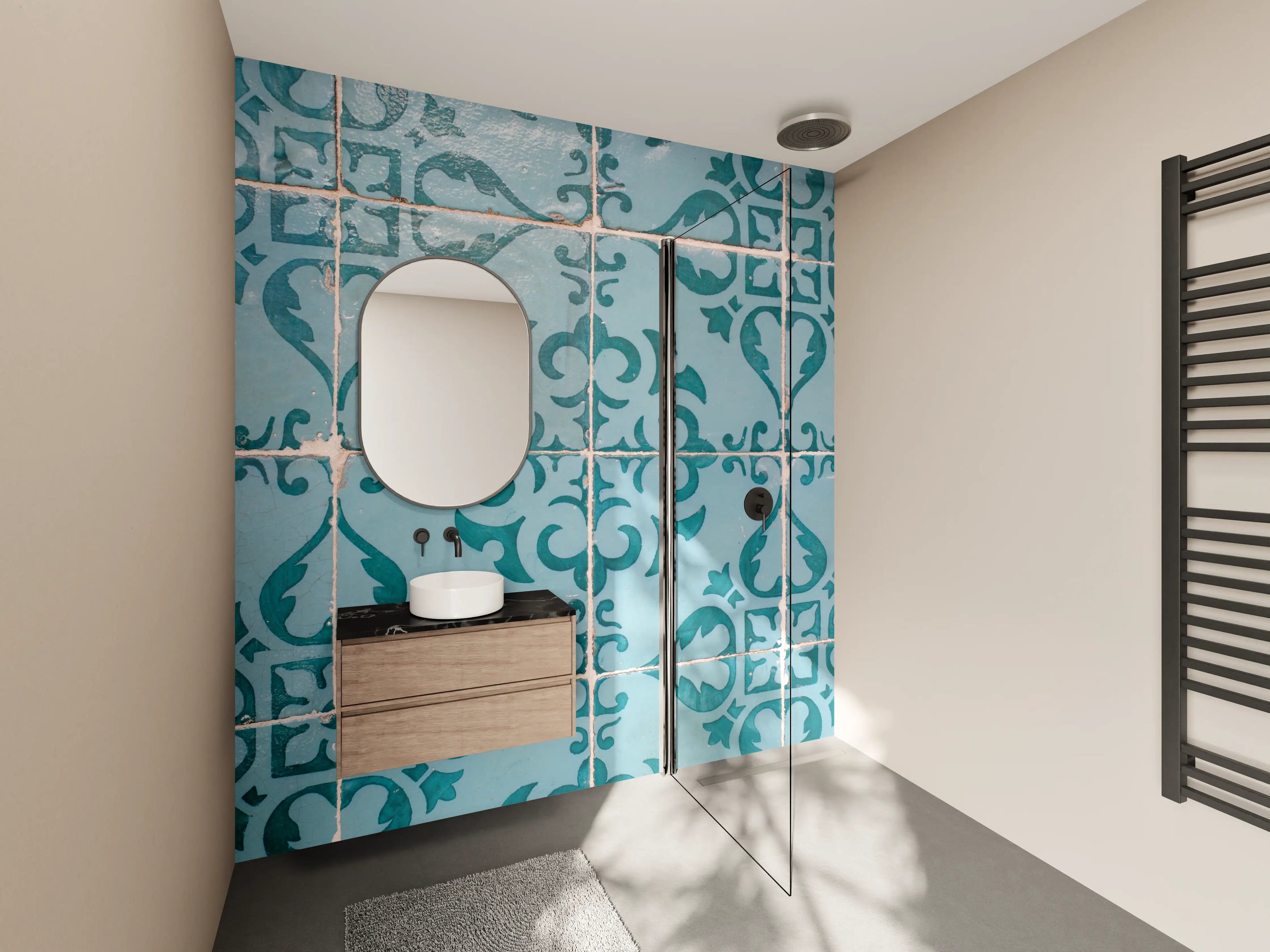 Wandverkleidung Bad - Helles türkises Fliesenmuster mit eleganten Ornamenten