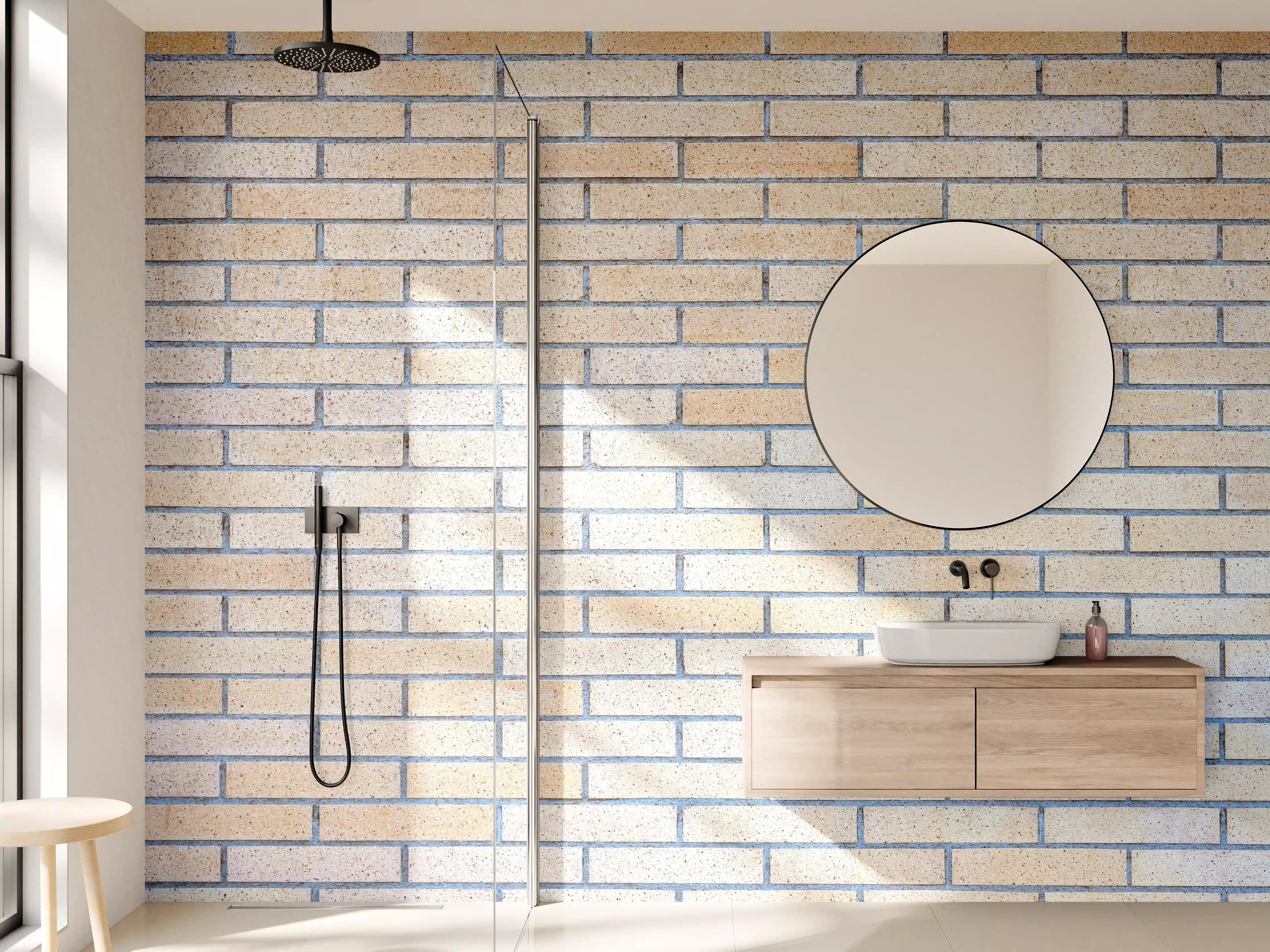 Wandverkleidung Bad - Hellgelbe Ziegelwand mit Betonfugen