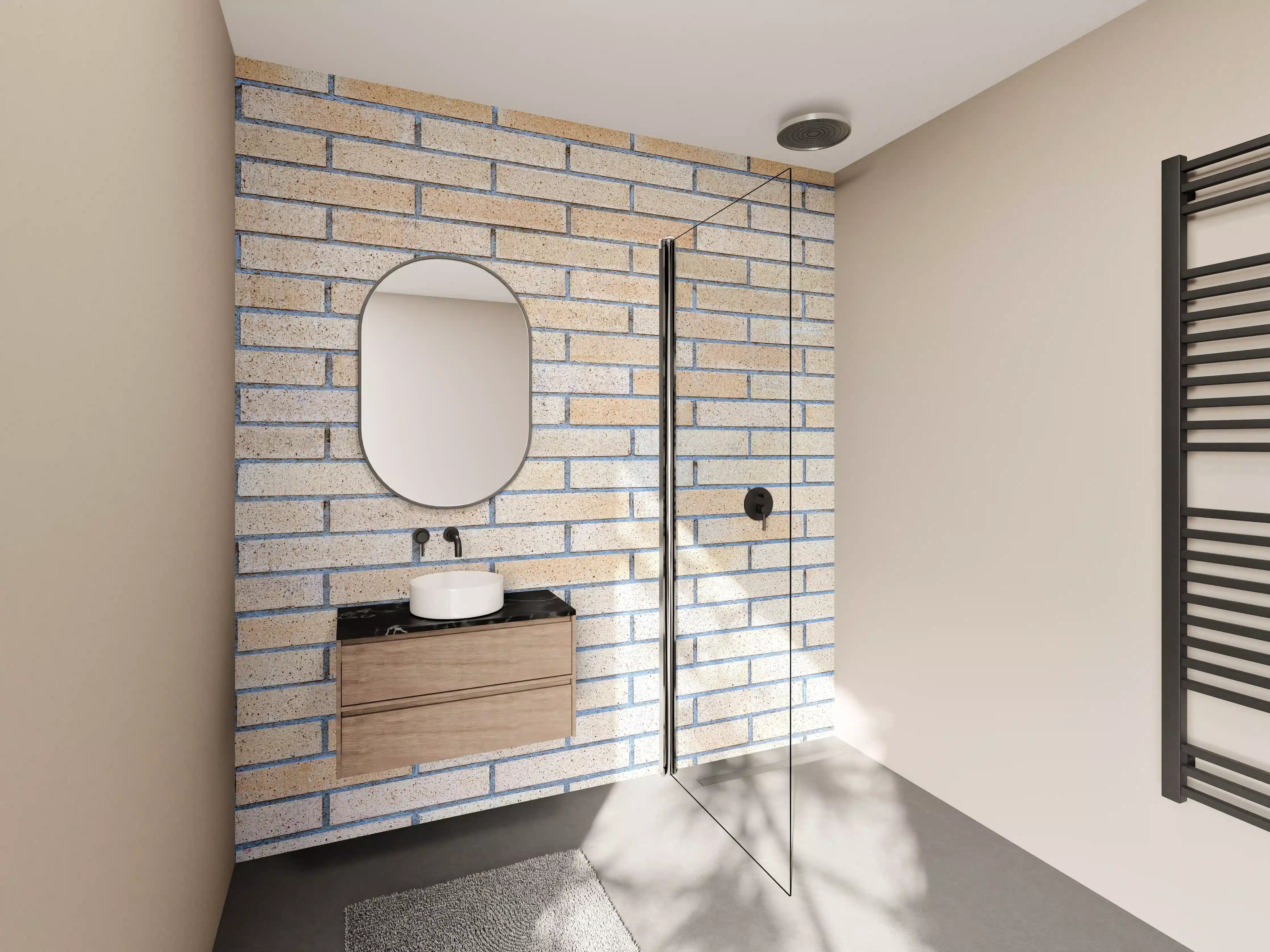 Wandverkleidung Bad - Hellgelbe Ziegelwand mit Betonfugen