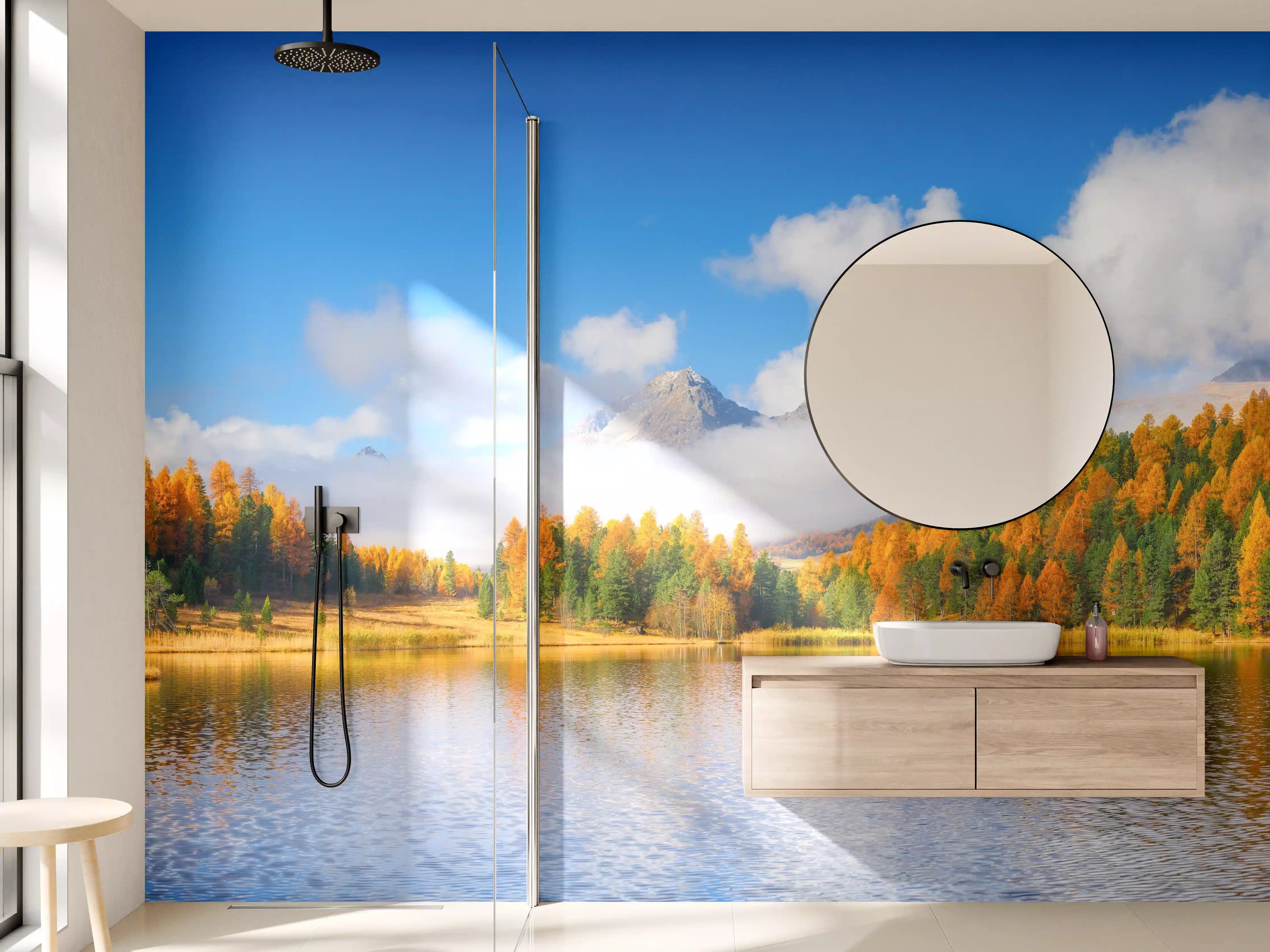 Wandverkleidung Bad - Herbstliche Landschaft am See