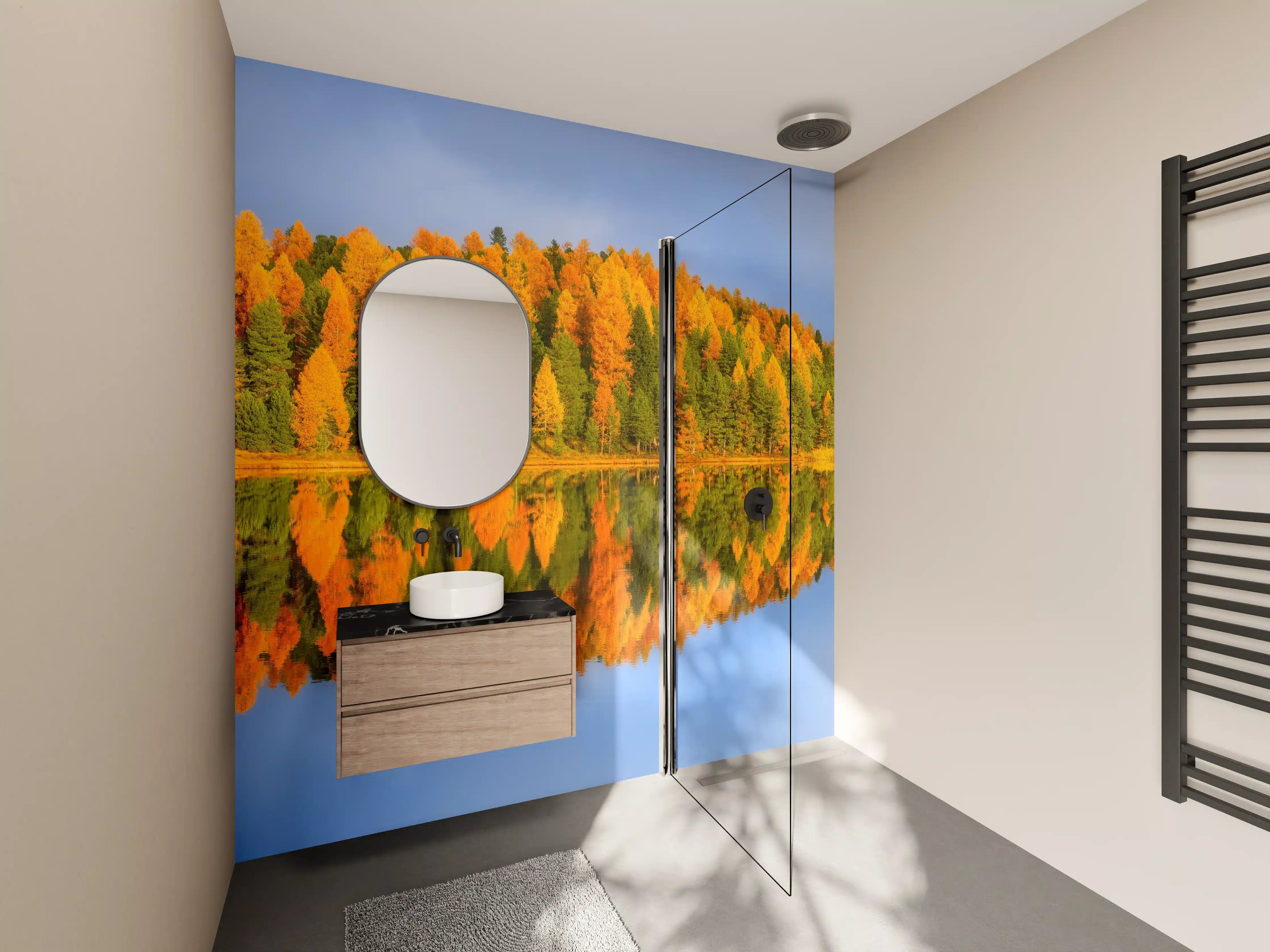 Wandverkleidung Bad - Herbstliche Waldidylle mit Spiegelung am See