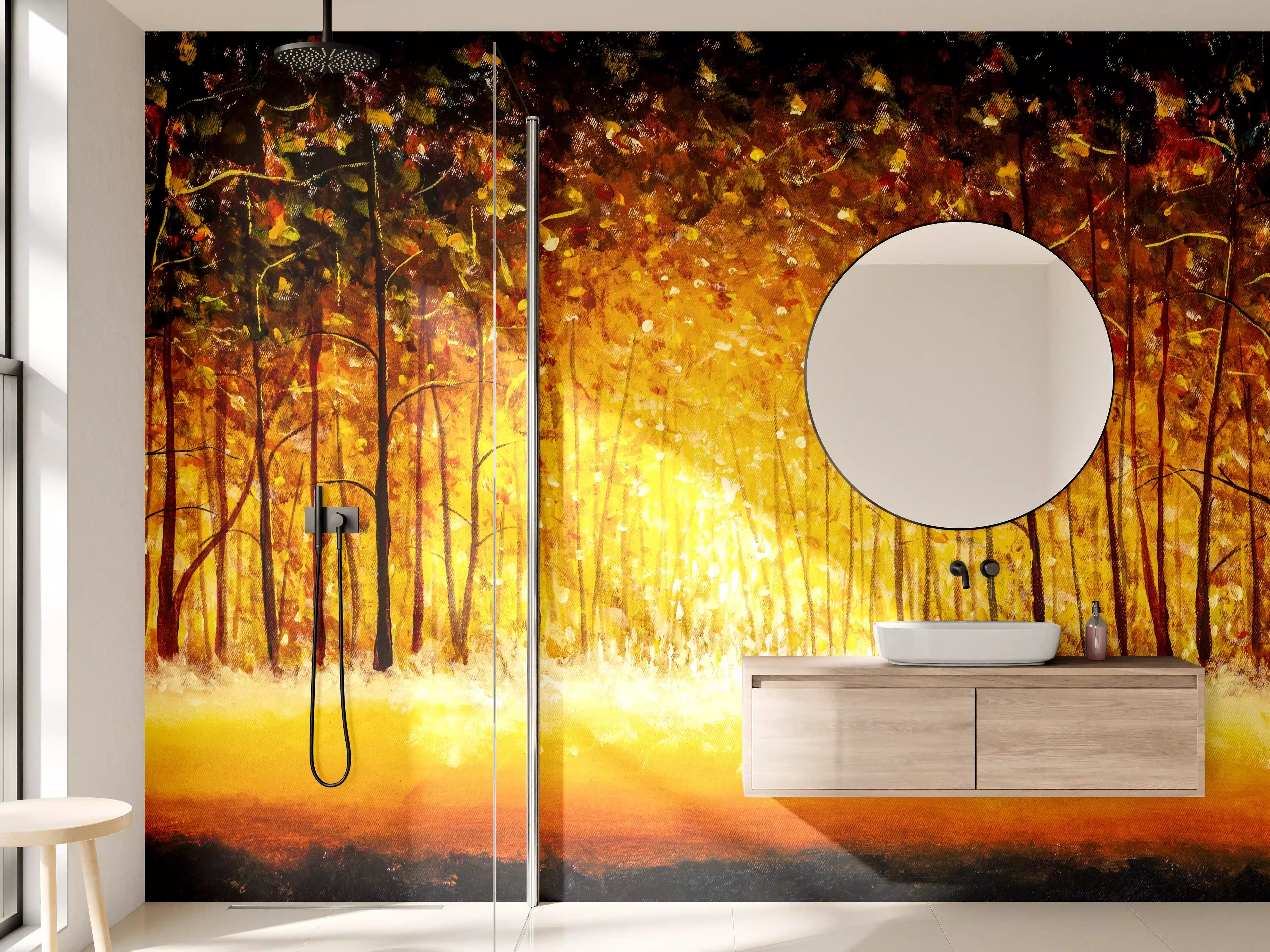 Wandverkleidung Bad - Herbstliche Waldszene mit leuchtenden Blättern
