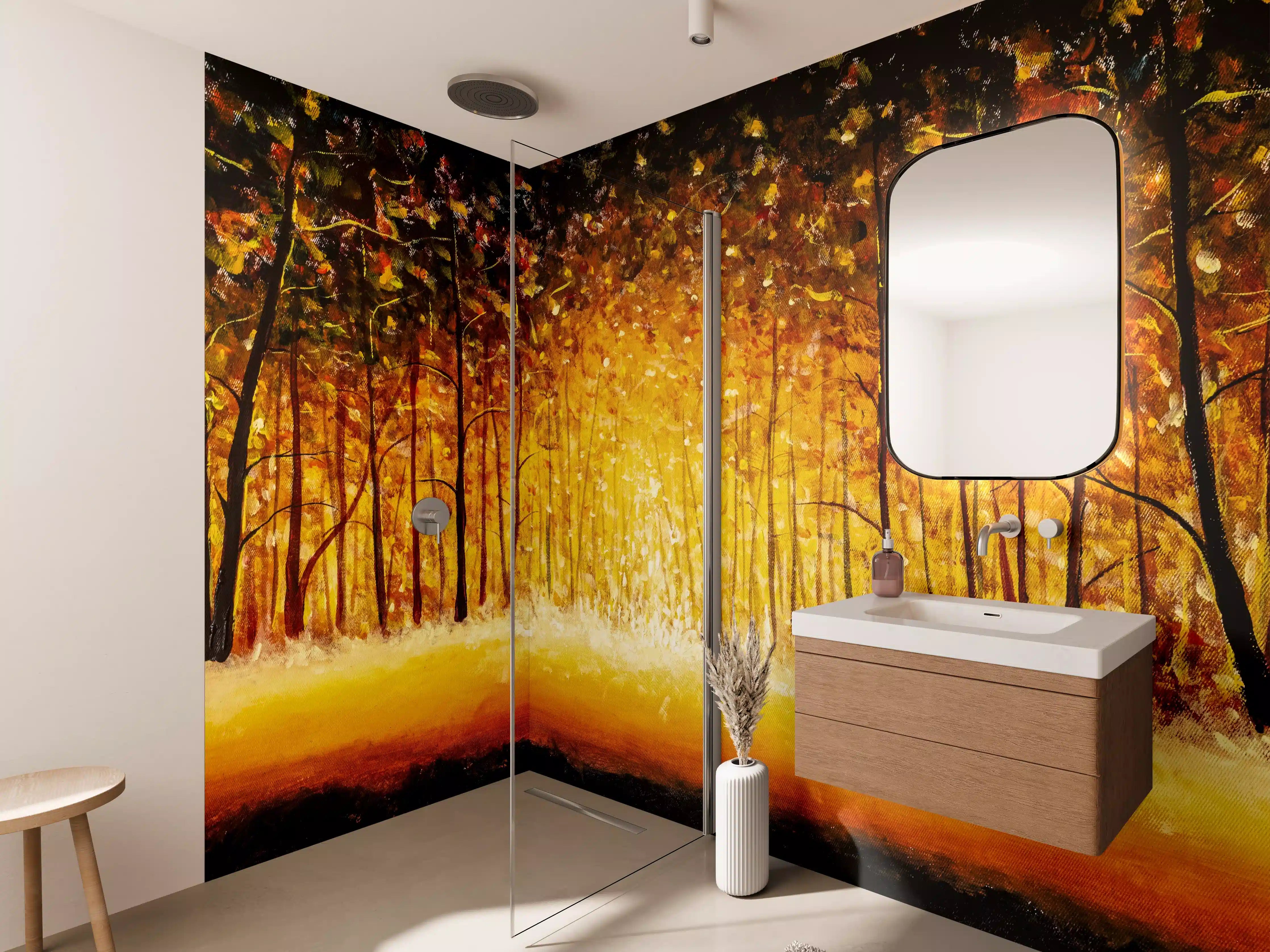 Wandverkleidung Bad - Herbstliche Waldszene mit leuchtenden Blättern
