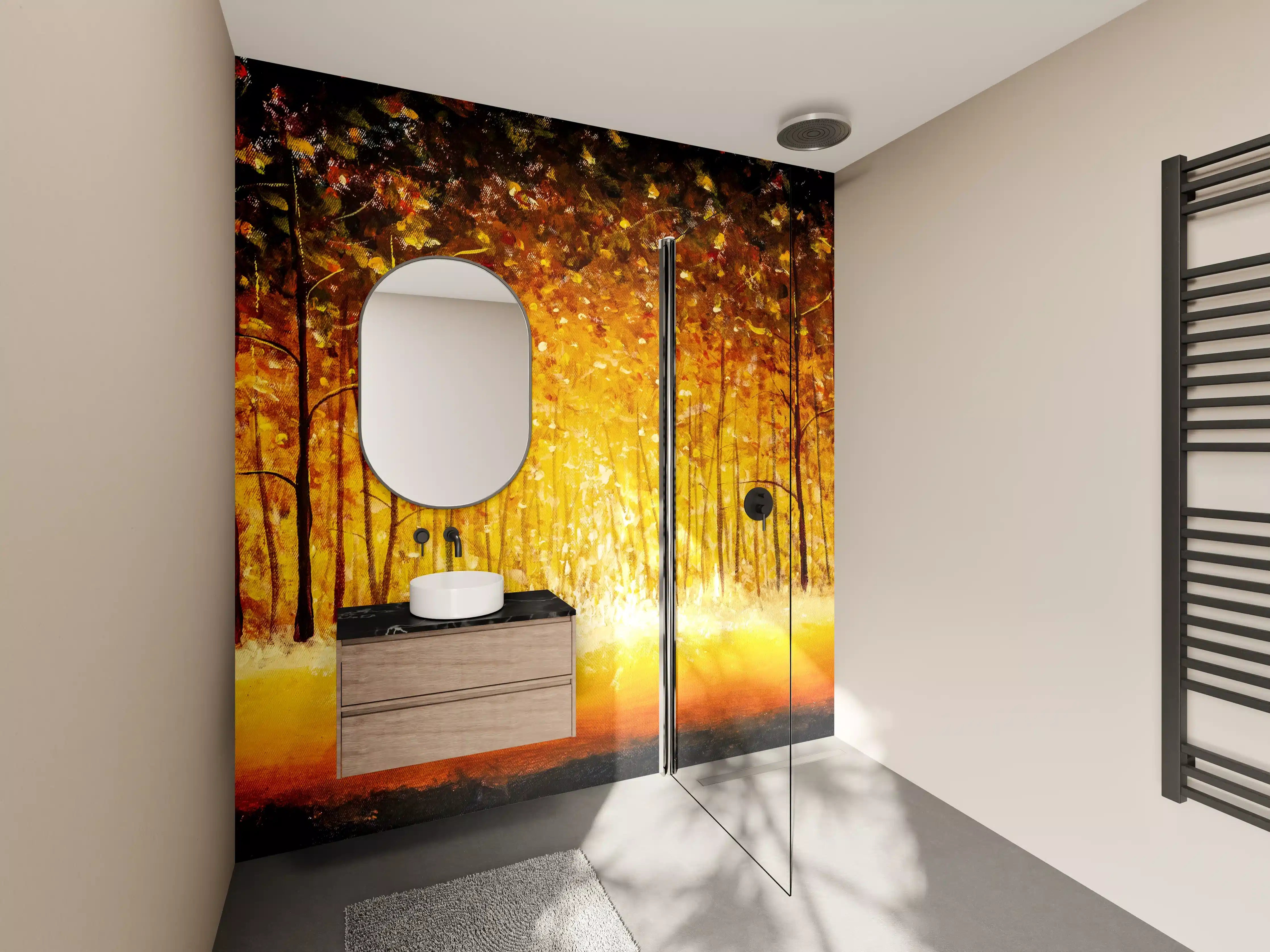 Wandverkleidung Bad - Herbstliche Waldszene mit leuchtenden Blättern