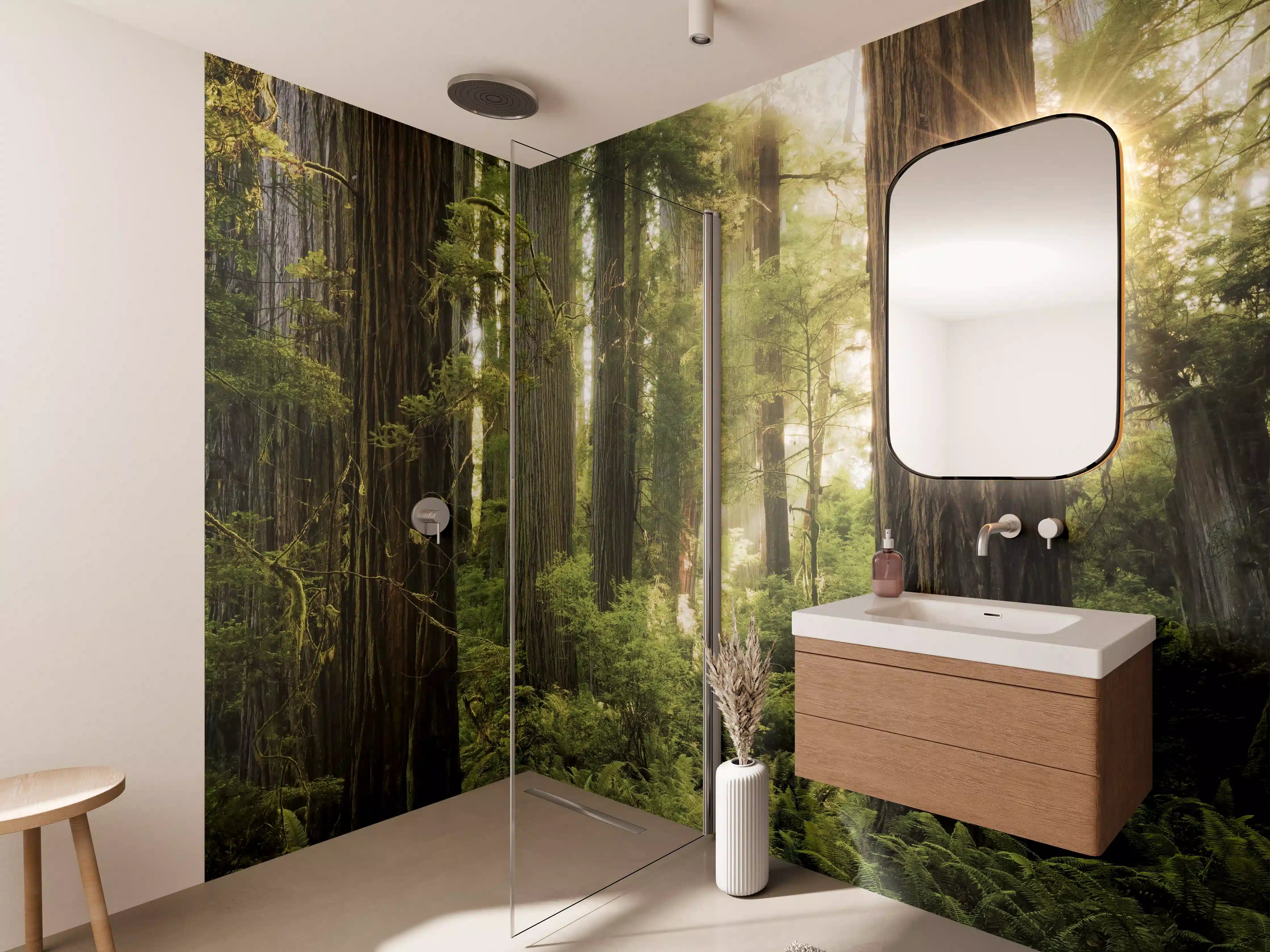 Wandverkleidung Bad - Herbstwald Lichtspiel