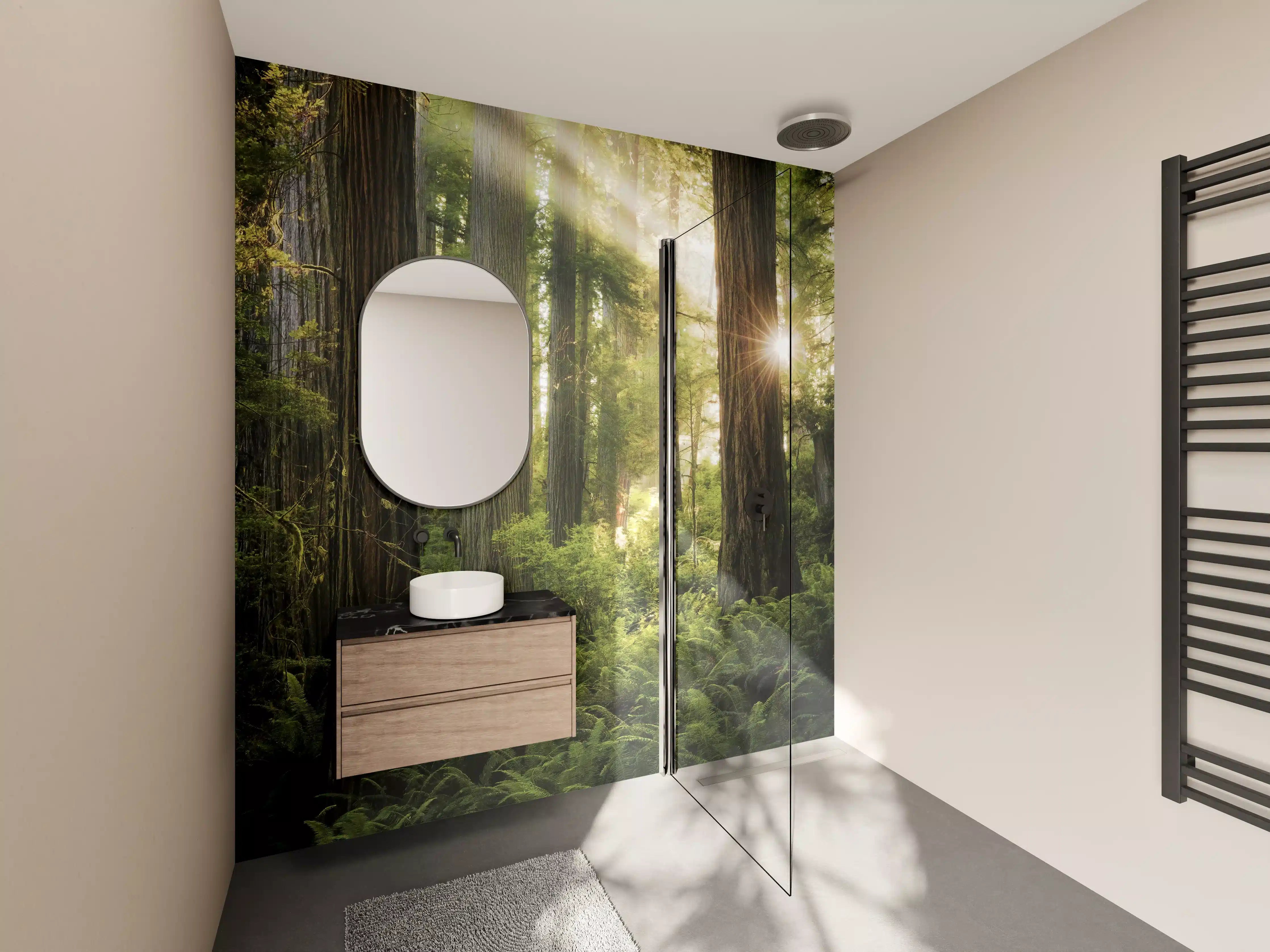 Wandverkleidung Bad - Herbstwald Lichtspiel