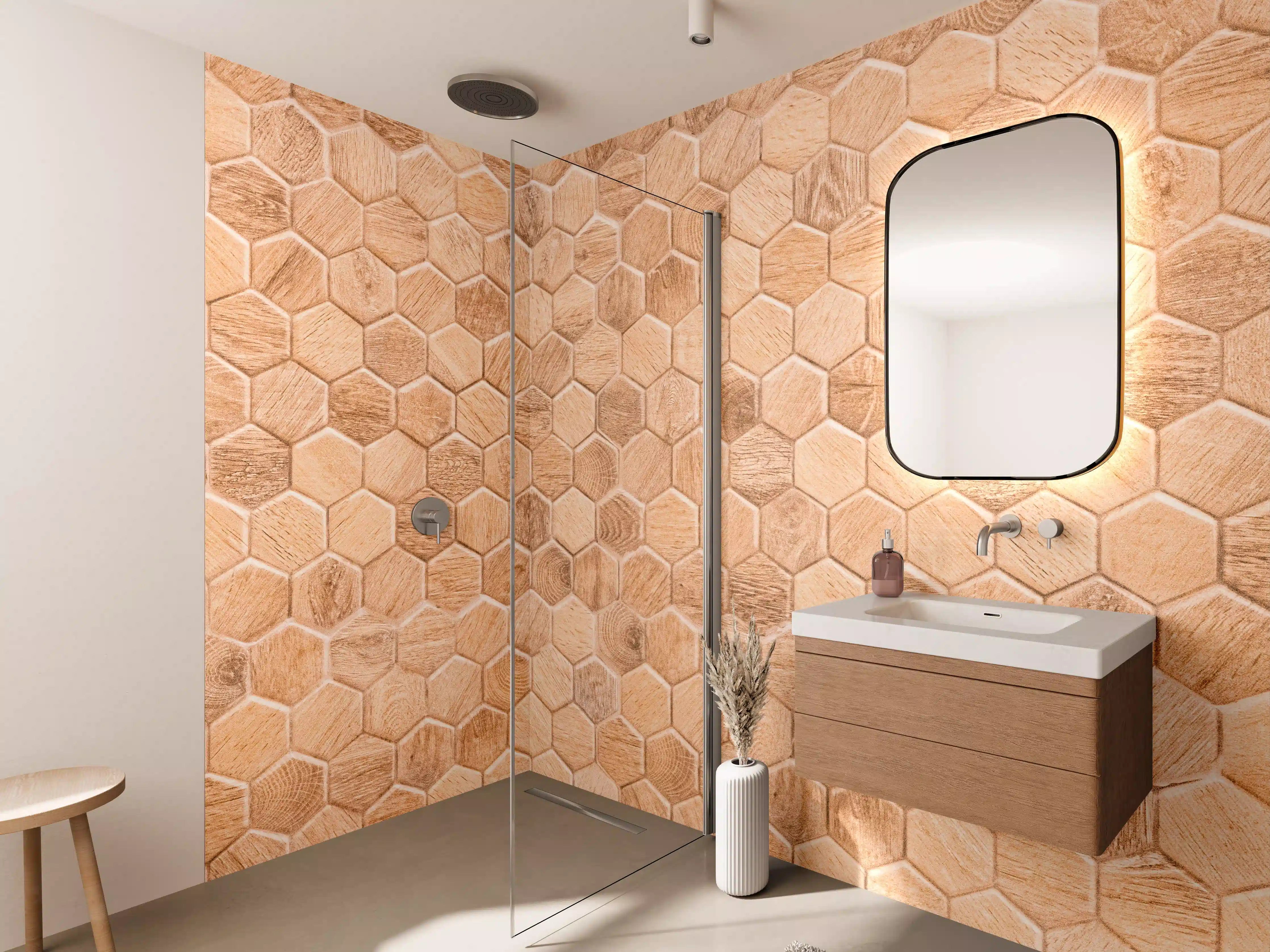 Wandverkleidung Bad - Hexagon Holz Wabenmuster