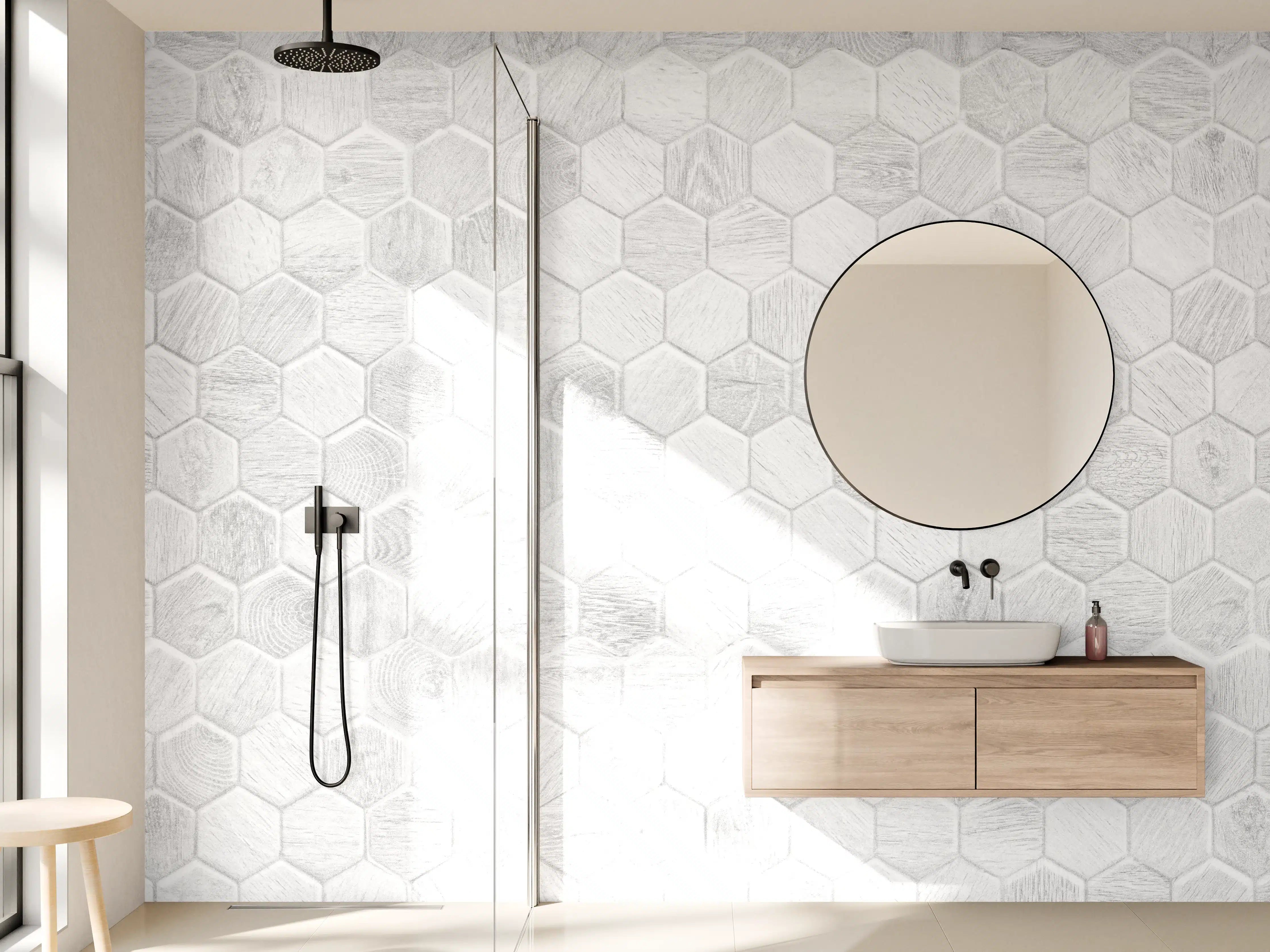 Wandverkleidung Bad - Hexagon-Holzpaneele Grau-Weiß