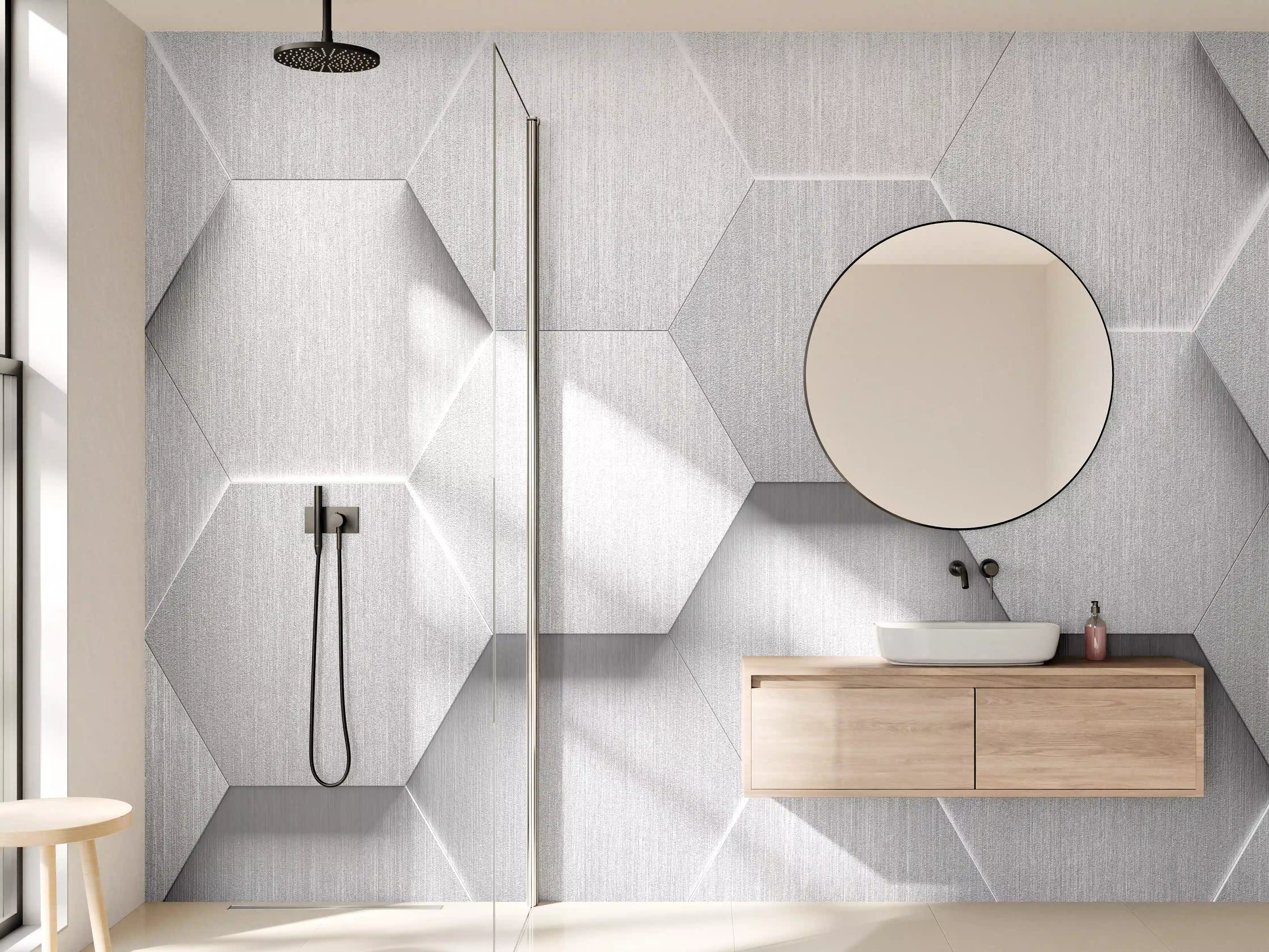 Wandverkleidung Bad - Hexagon Metallstruktur Grau-Weiß