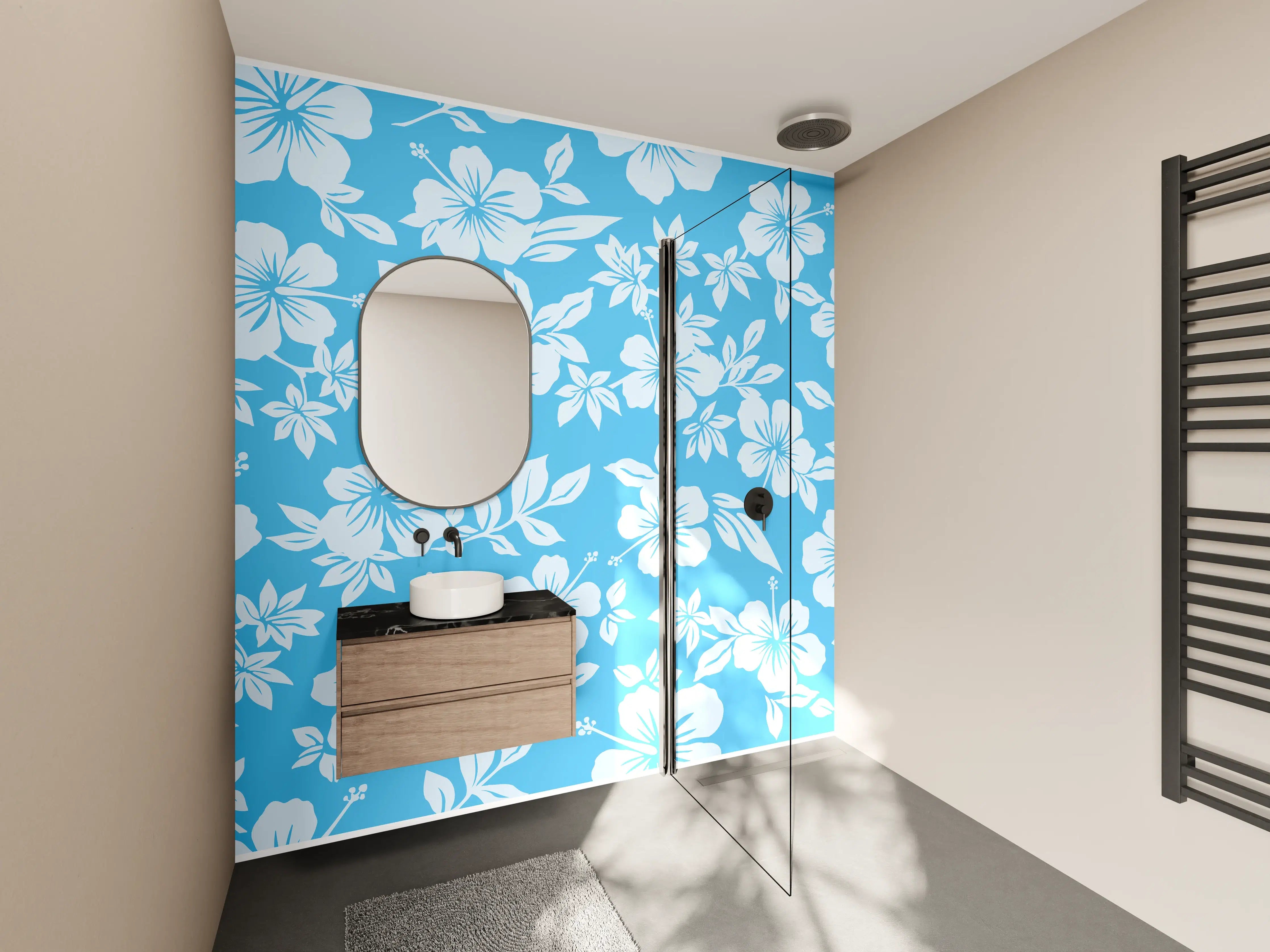 Wandverkleidung Bad - Hibiskus-Muster Hellblau