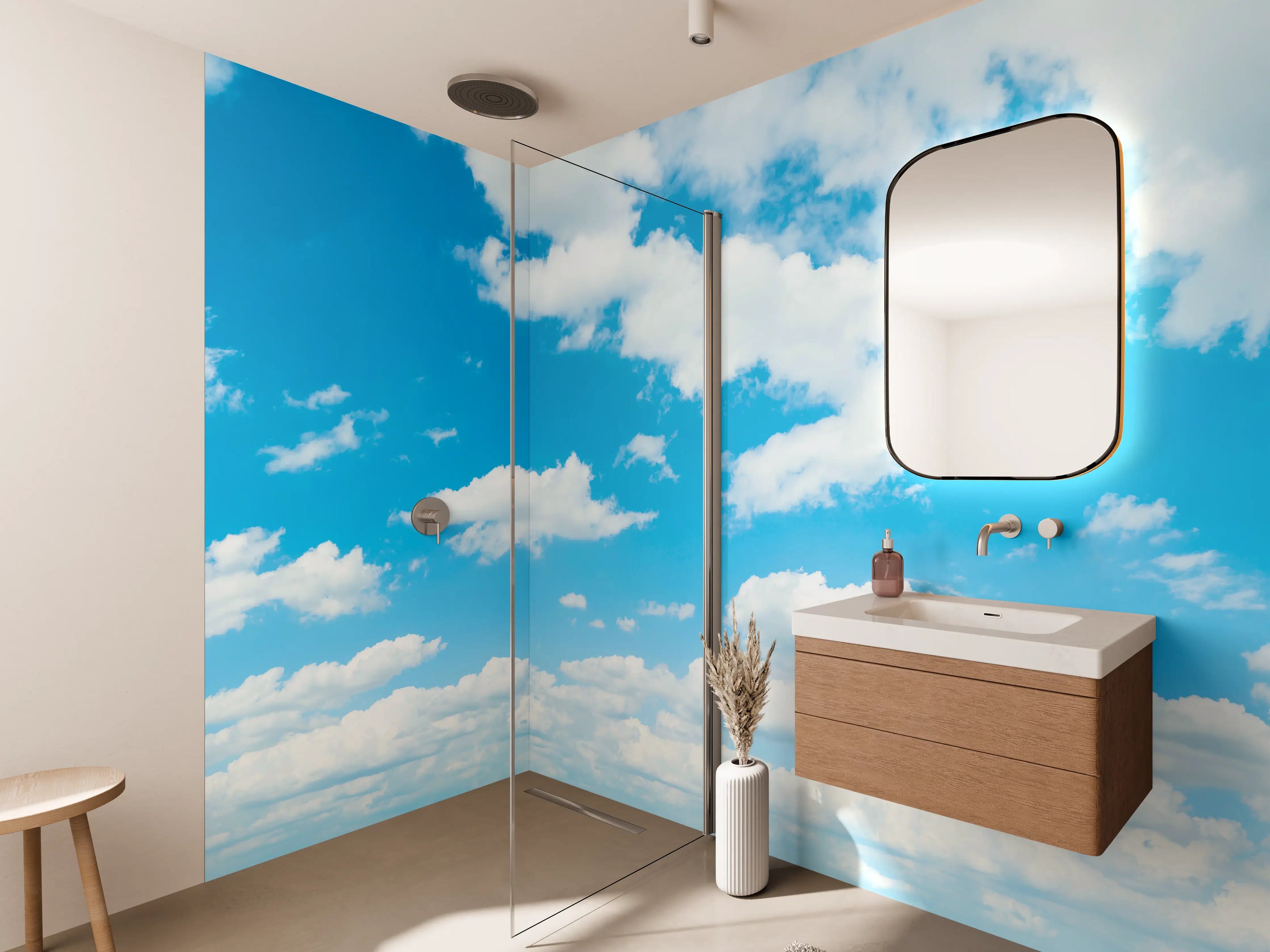 Wandverkleidung Bad - Himmel in Grautönen mit Wolken