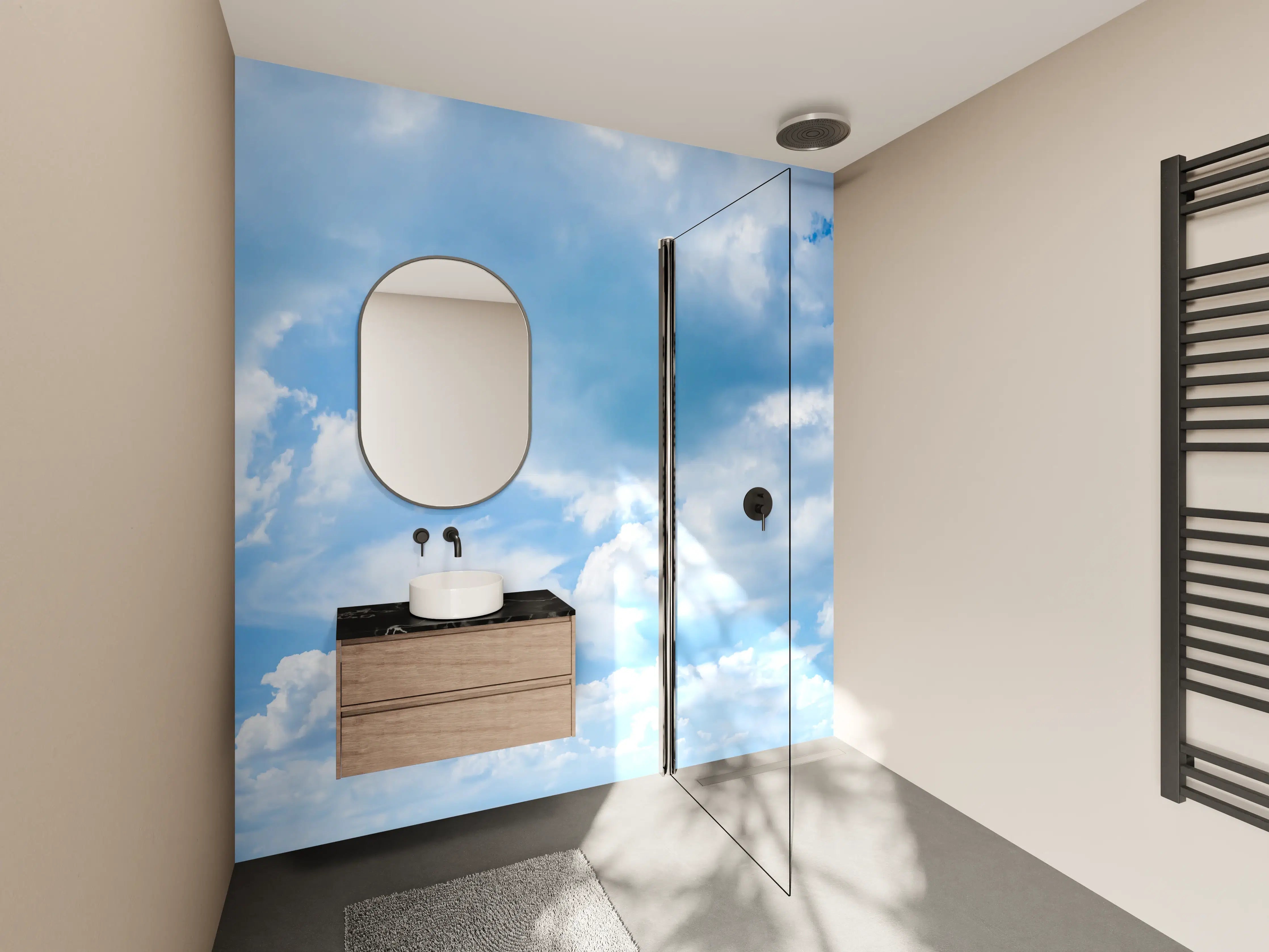 Wandverkleidung Bad - Himmel mit Wolken in lebendigen Blau- und Weißtönen