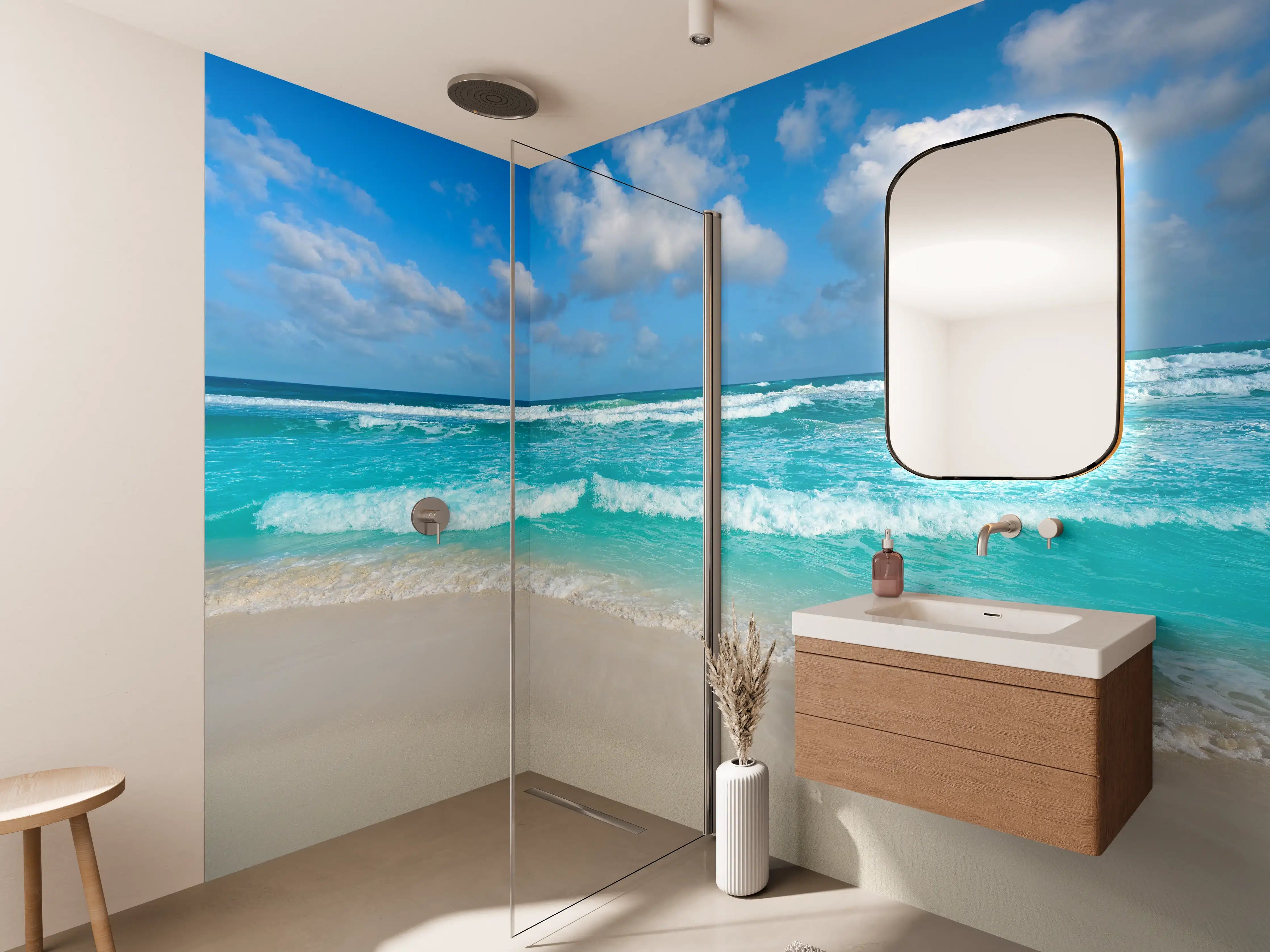Wandverkleidung Bad - Himmel und Meer in Blau- und Weißtönen