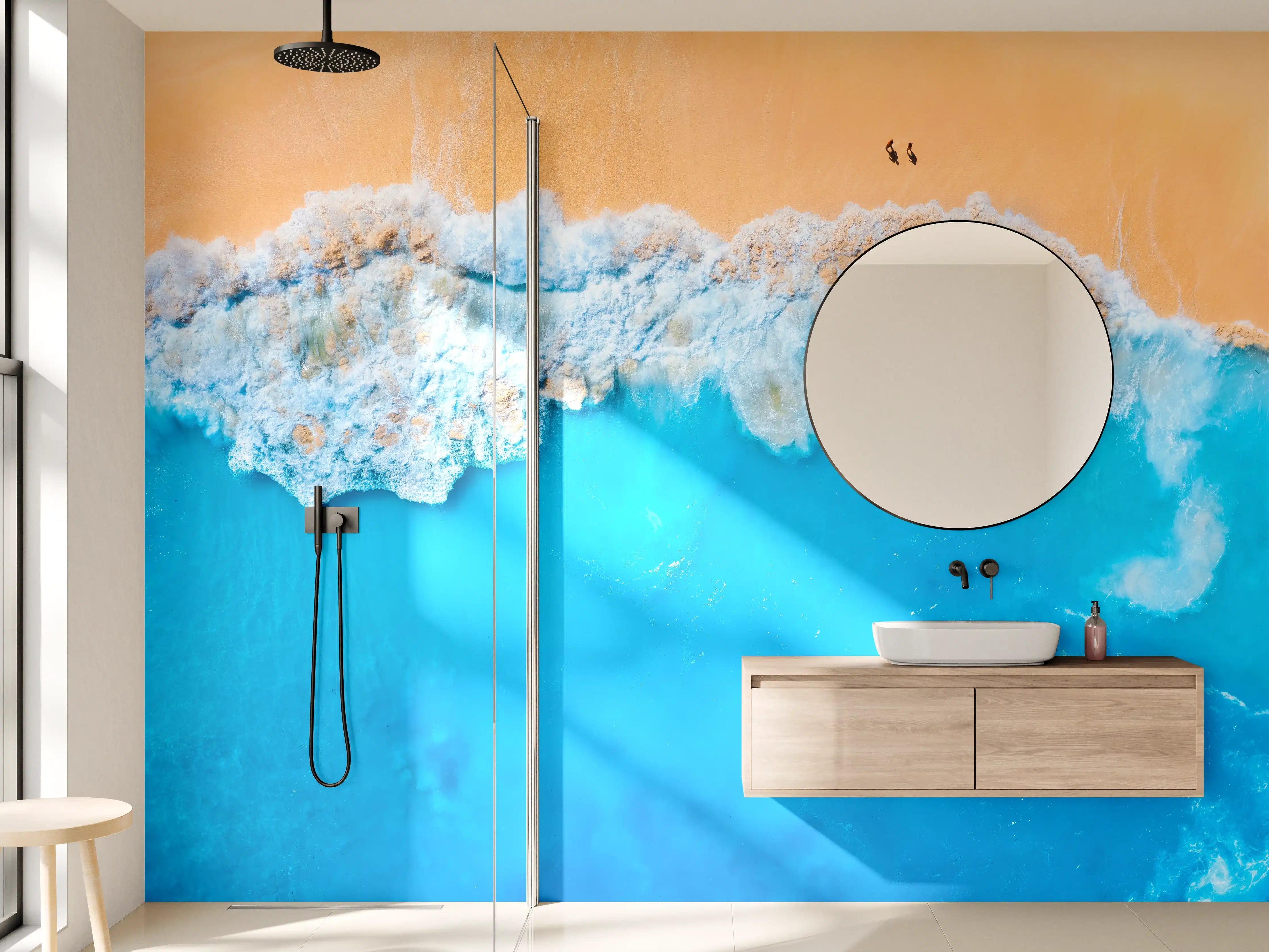 Wandverkleidung Bad - Himmel und Meer in sanften Blau- und Orangetönen