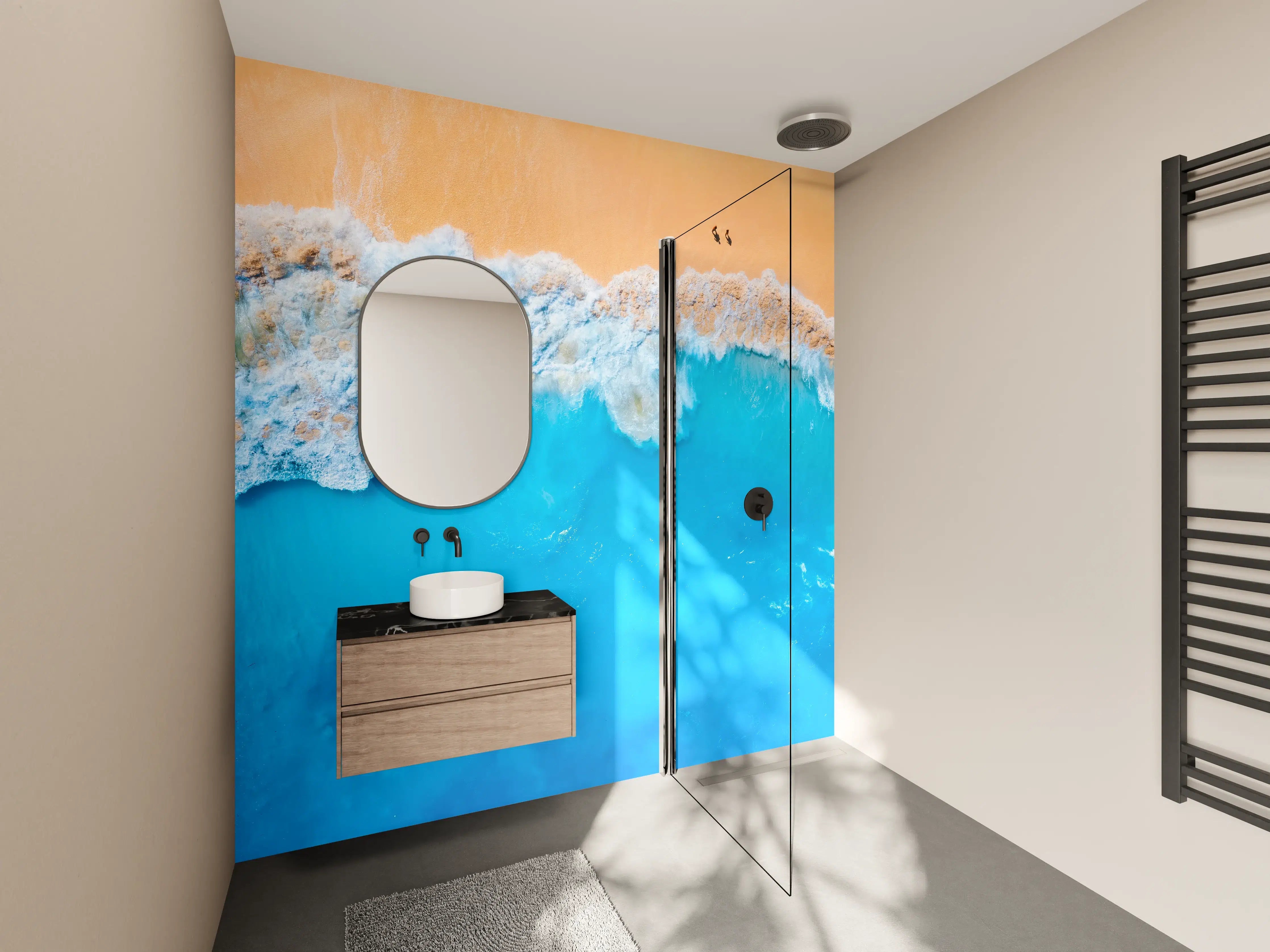 Wandverkleidung Bad - Himmel und Meer in sanften Blau- und Orangetönen