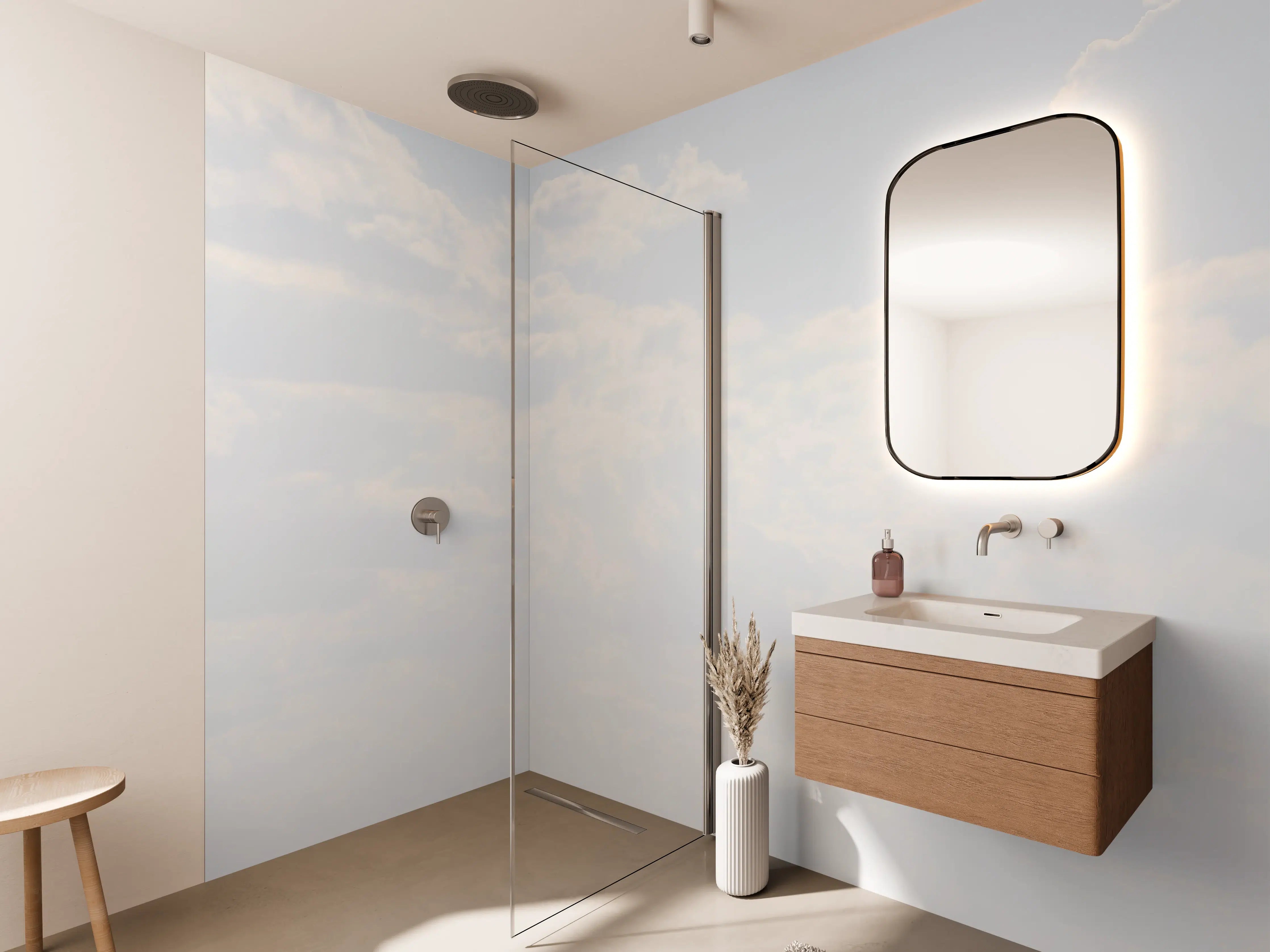 Wandverkleidung Bad - Himmelspaziergang mit einzelner Baum-Silhouette