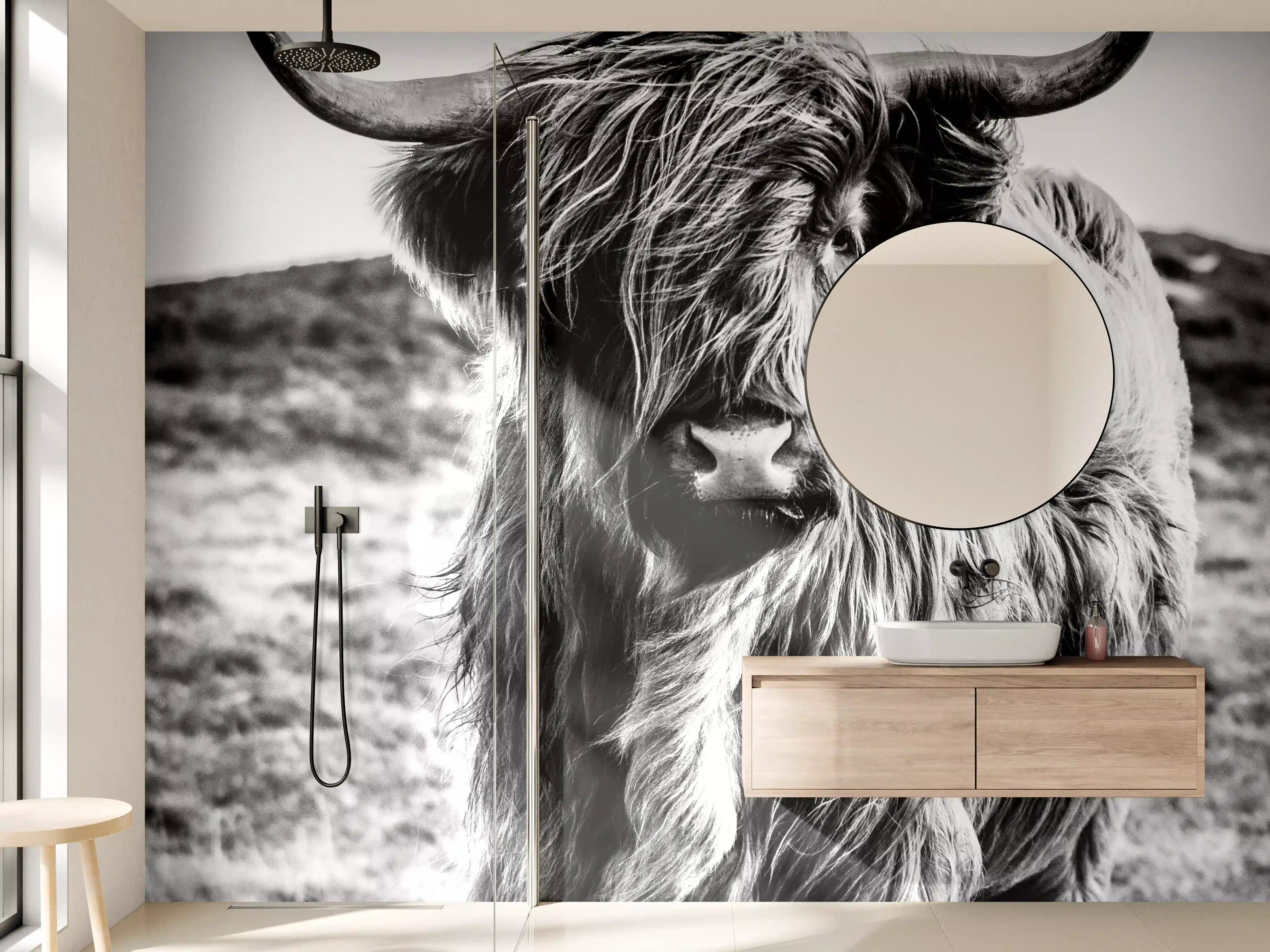 Wandverkleidung Bad - Hochlandkuh in Schwarz-weiß