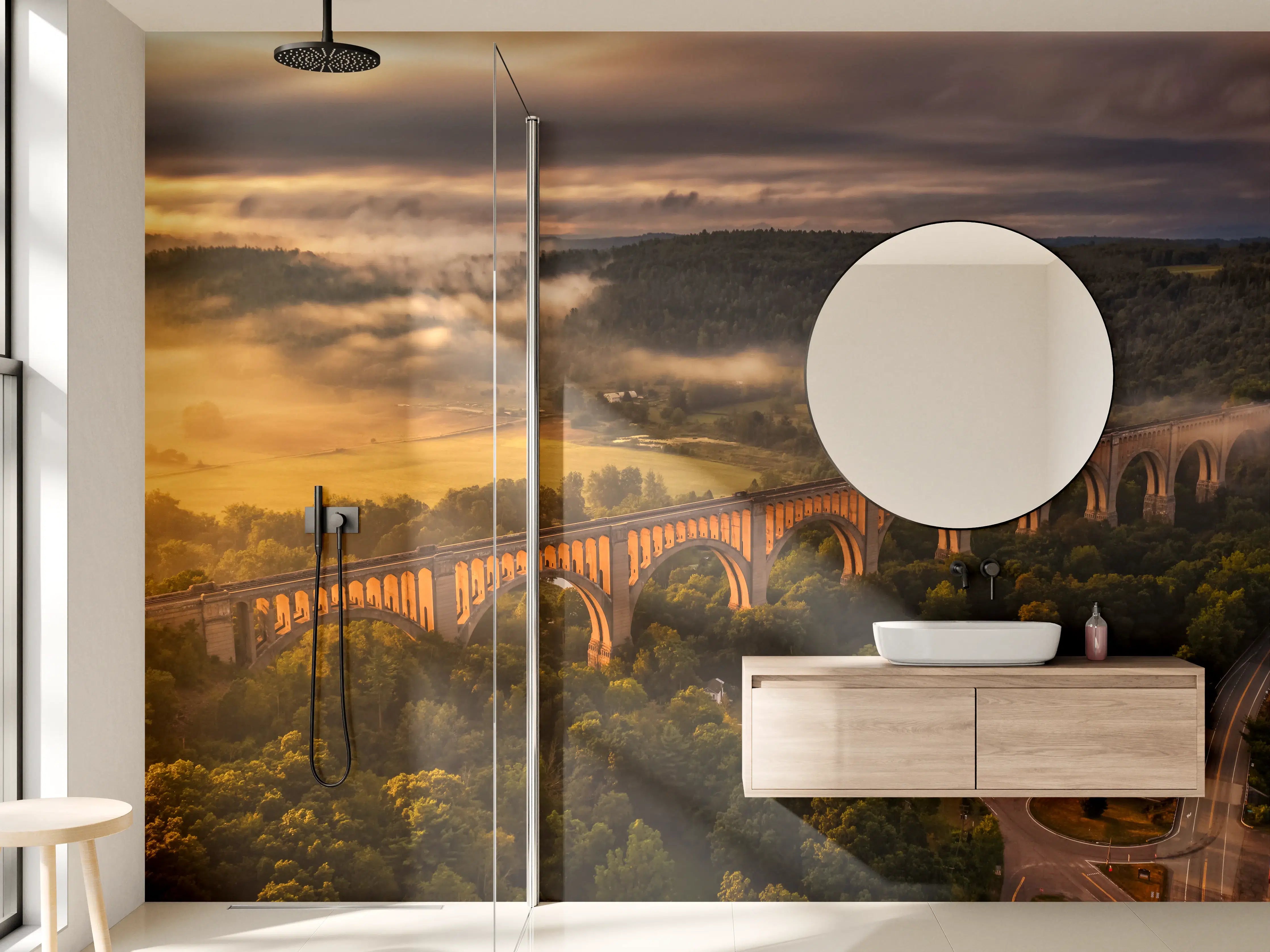 Wandverkleidung Bad - Hochspannende Eisenbahnbrücke bei Sonnenaufgang