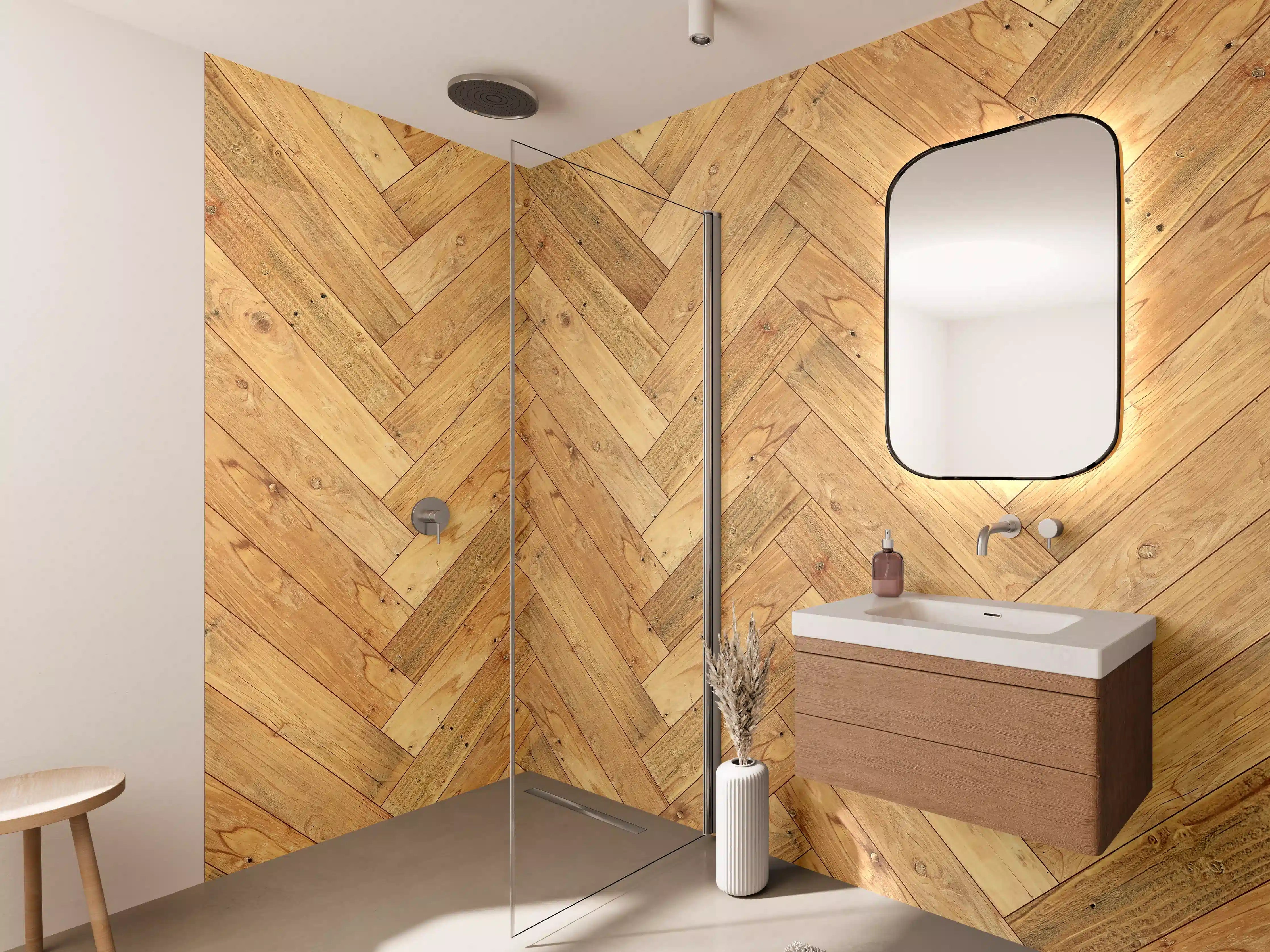 Wandverkleidung Bad - Hochwertiger Holzboden mit eleganter Herringbone-Musterung