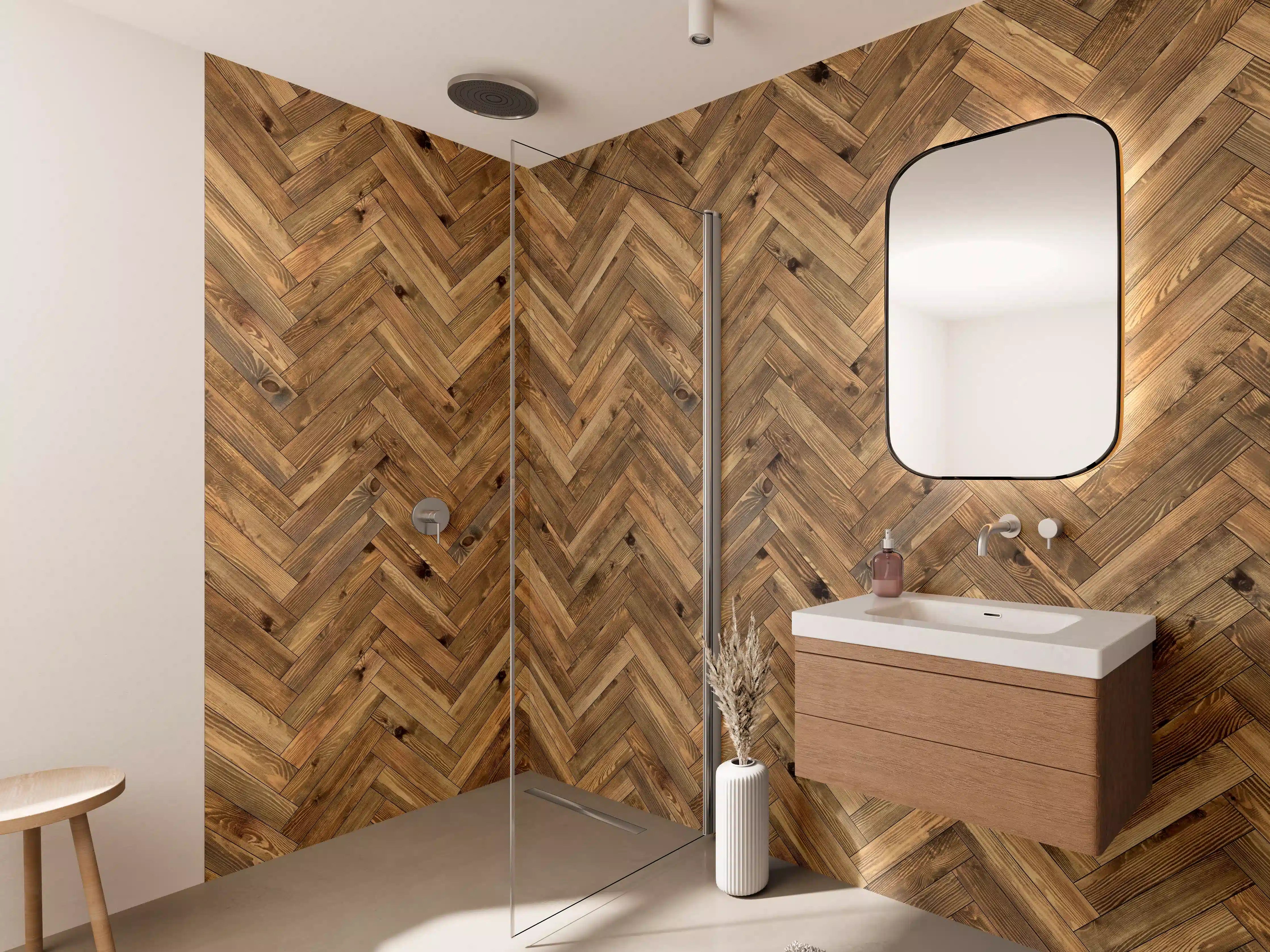 Wandverkleidung Bad - Holz mit Zickzack-Muster