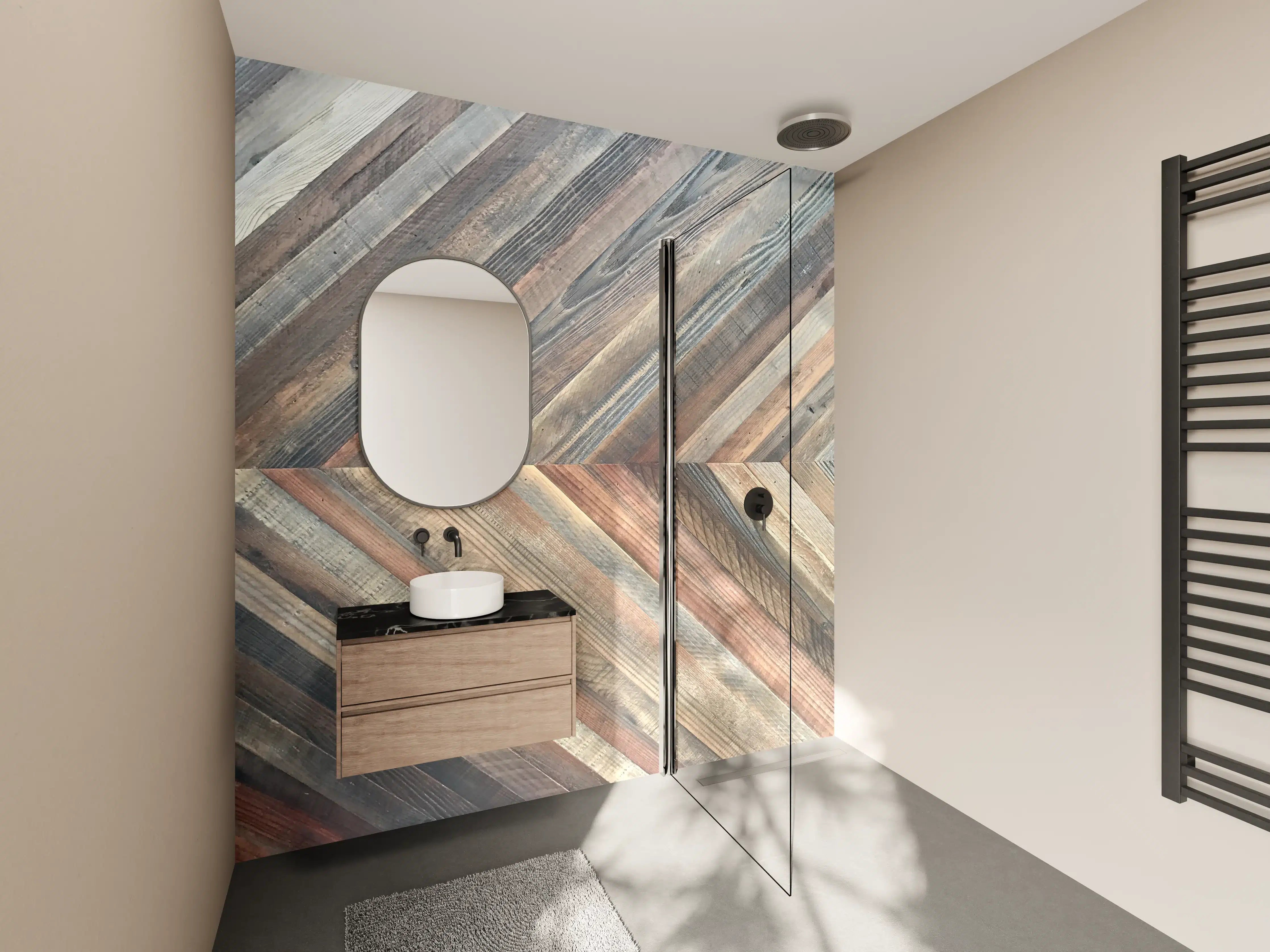 Wandverkleidung Bad - Holzoptik mit bunten Akzenten