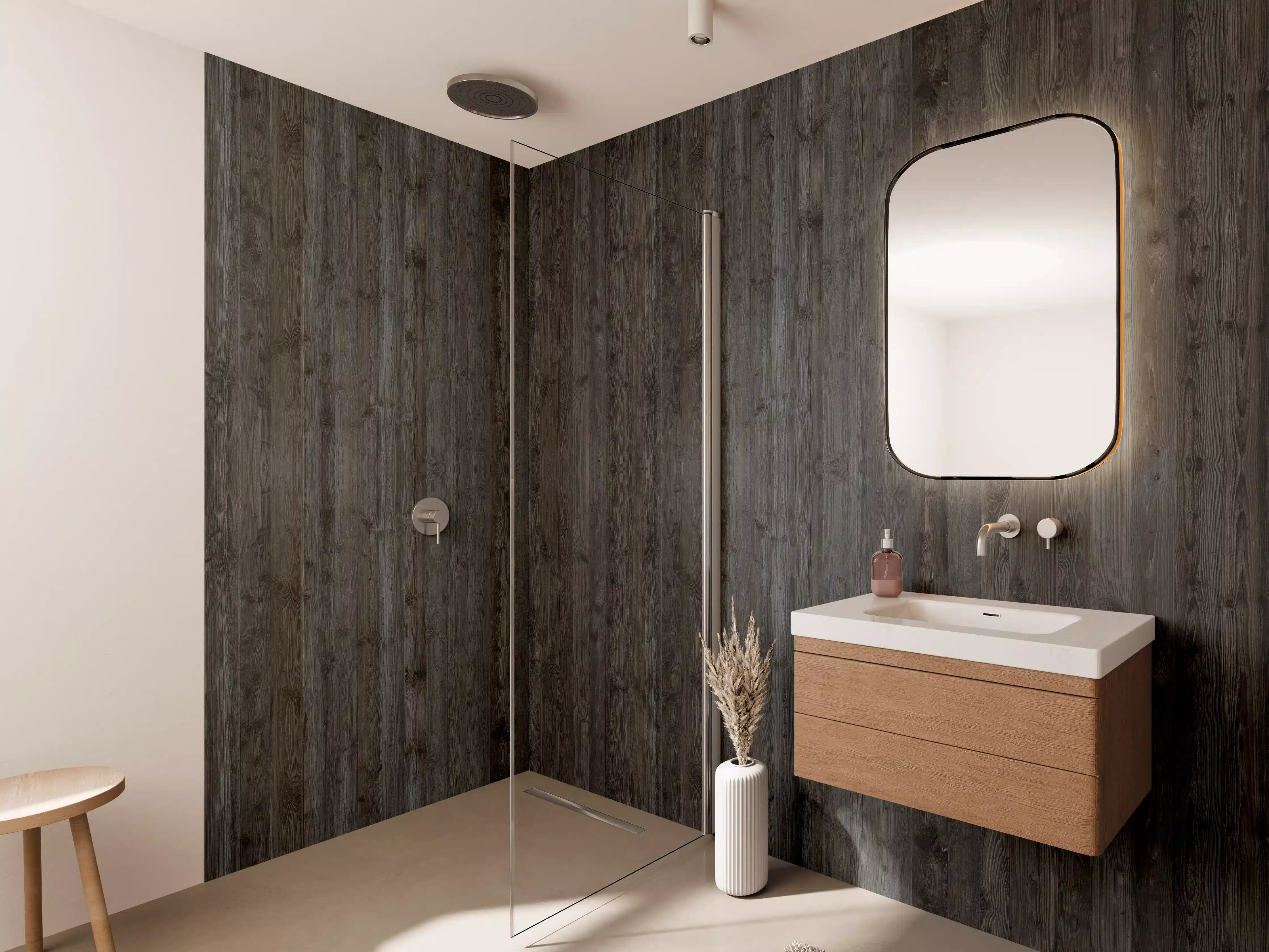 Wandverkleidung Bad - Holzoptik mit dunklen Tönen