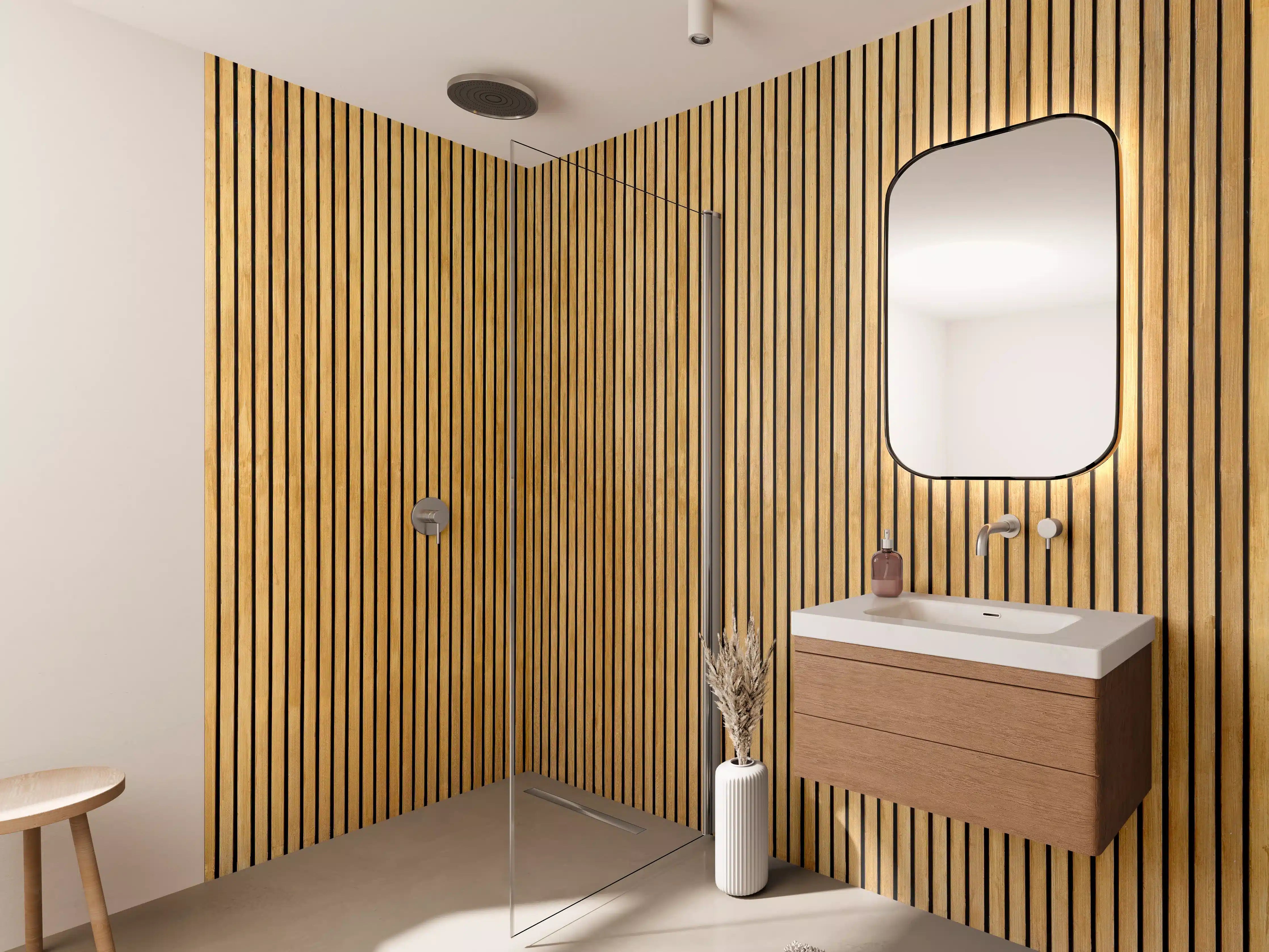Wandverkleidung Bad - Holzoptik mit feiner Maserung in warmen Braun- und Beigetönen