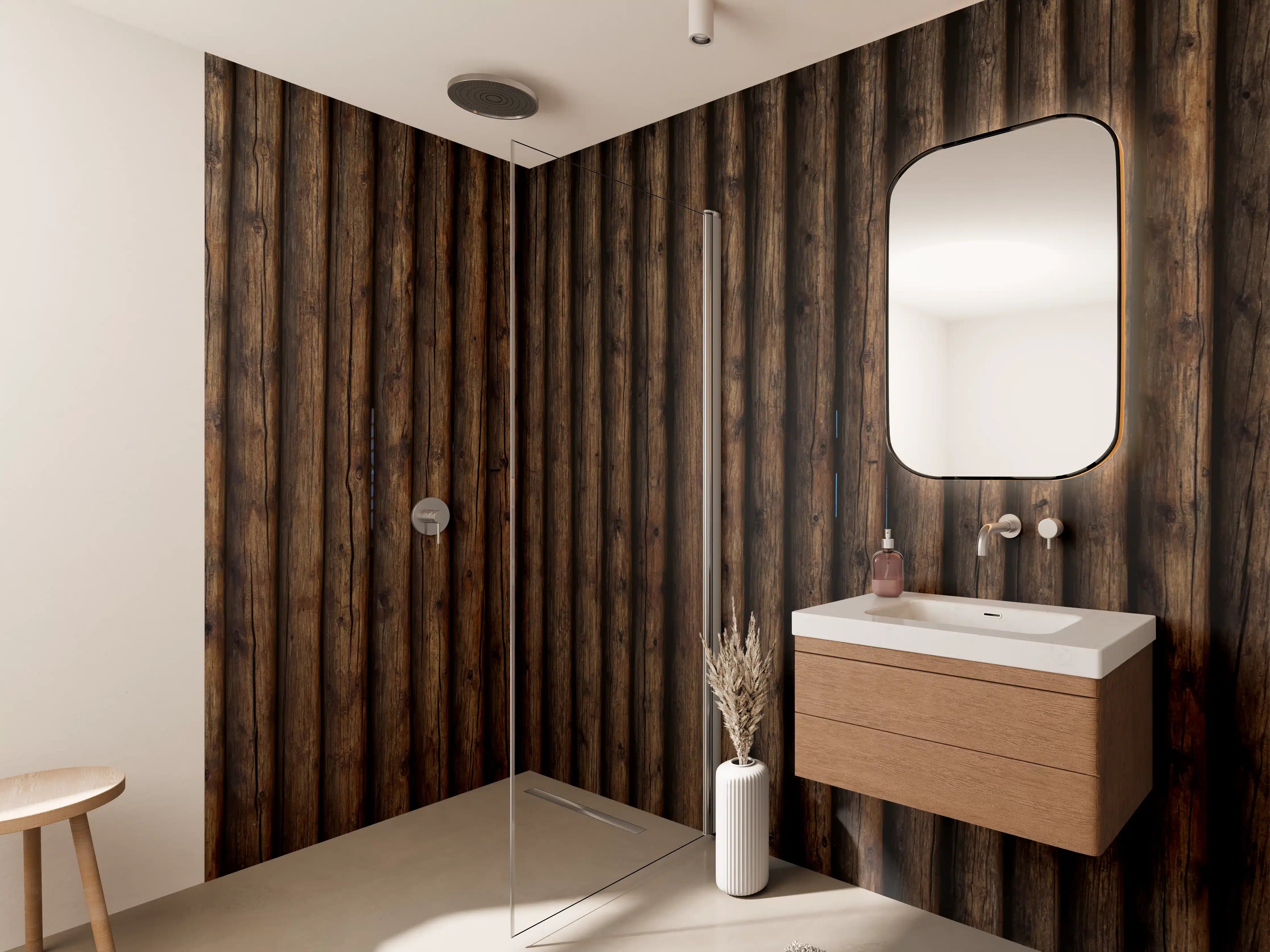 Wandverkleidung Bad - Holzpaneele in dunkler Optik