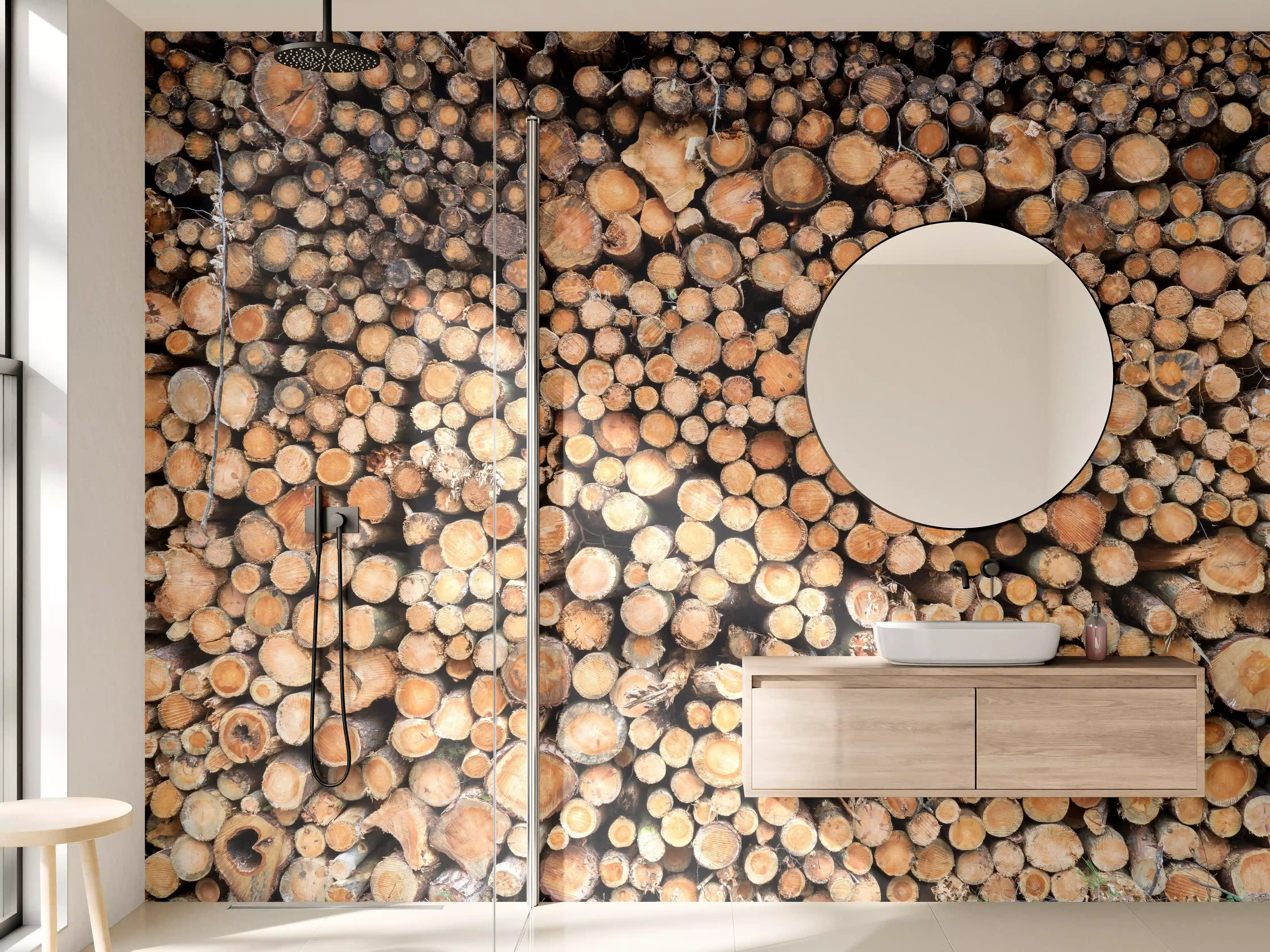 Wandverkleidung Bad - Holzstämme in natürlicher Farbgebung