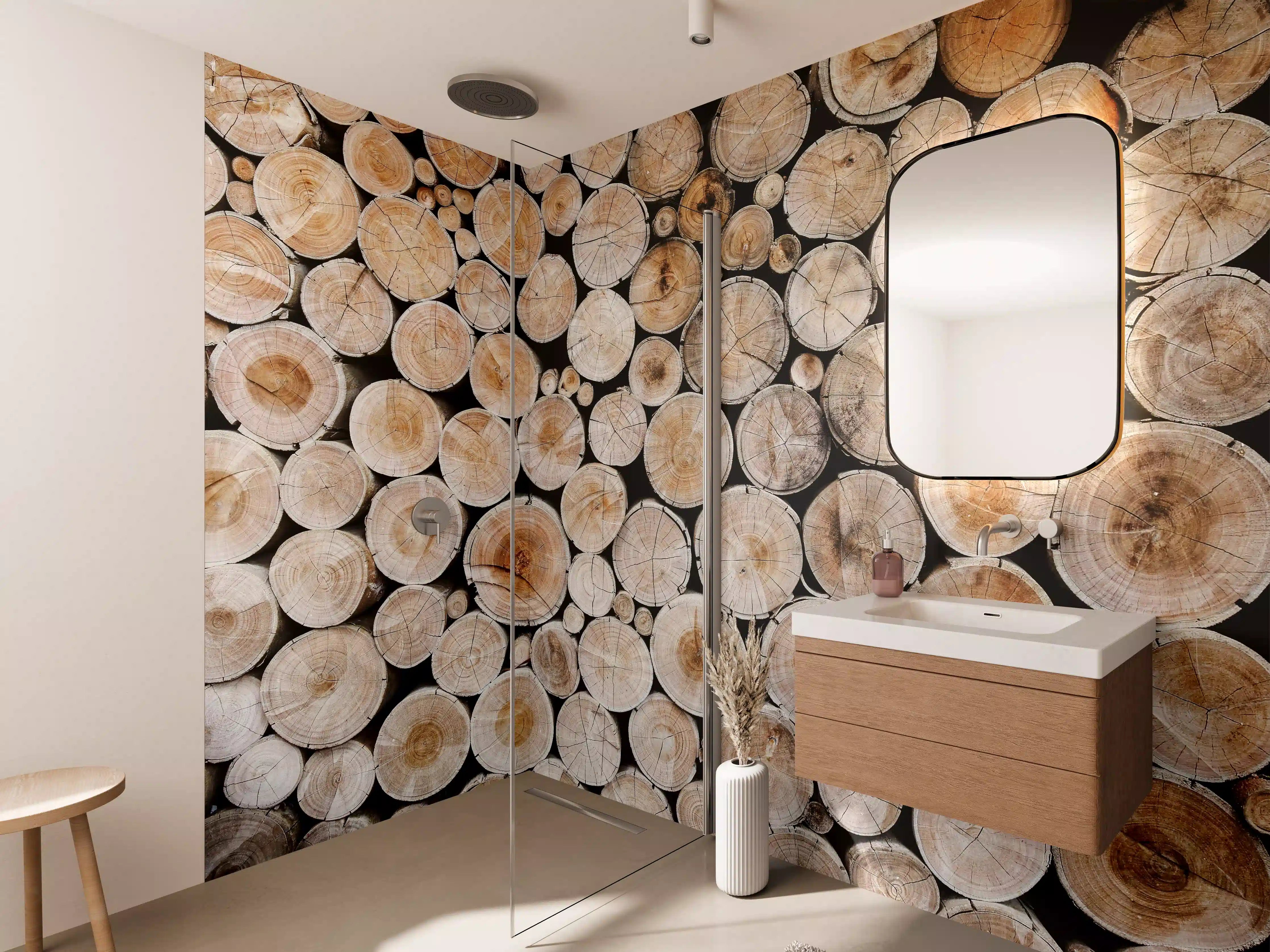 Wandverkleidung Bad - Holzstämme in natürlicher Optik
