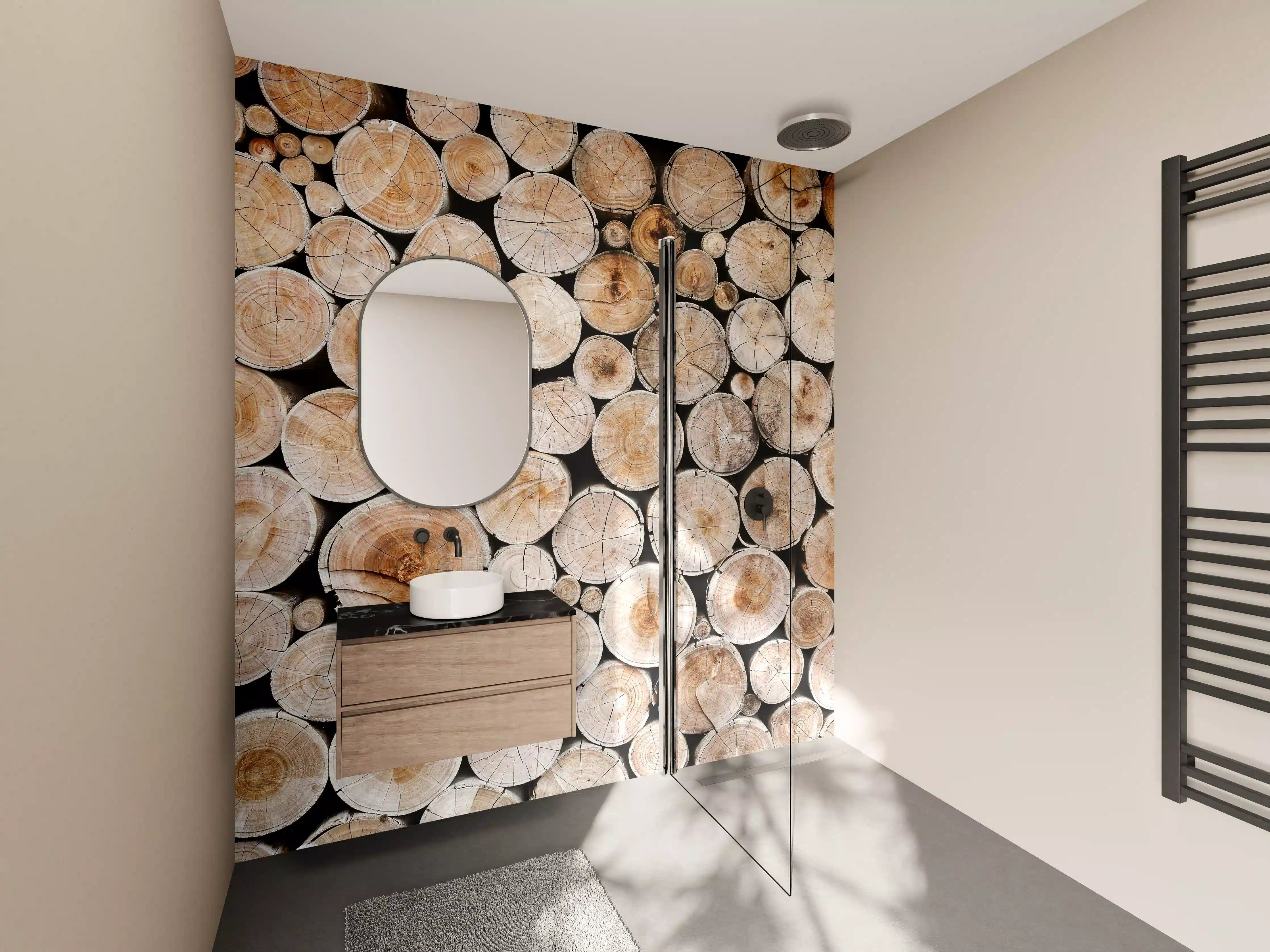 Wandverkleidung Bad - Holzstämme in natürlicher Optik