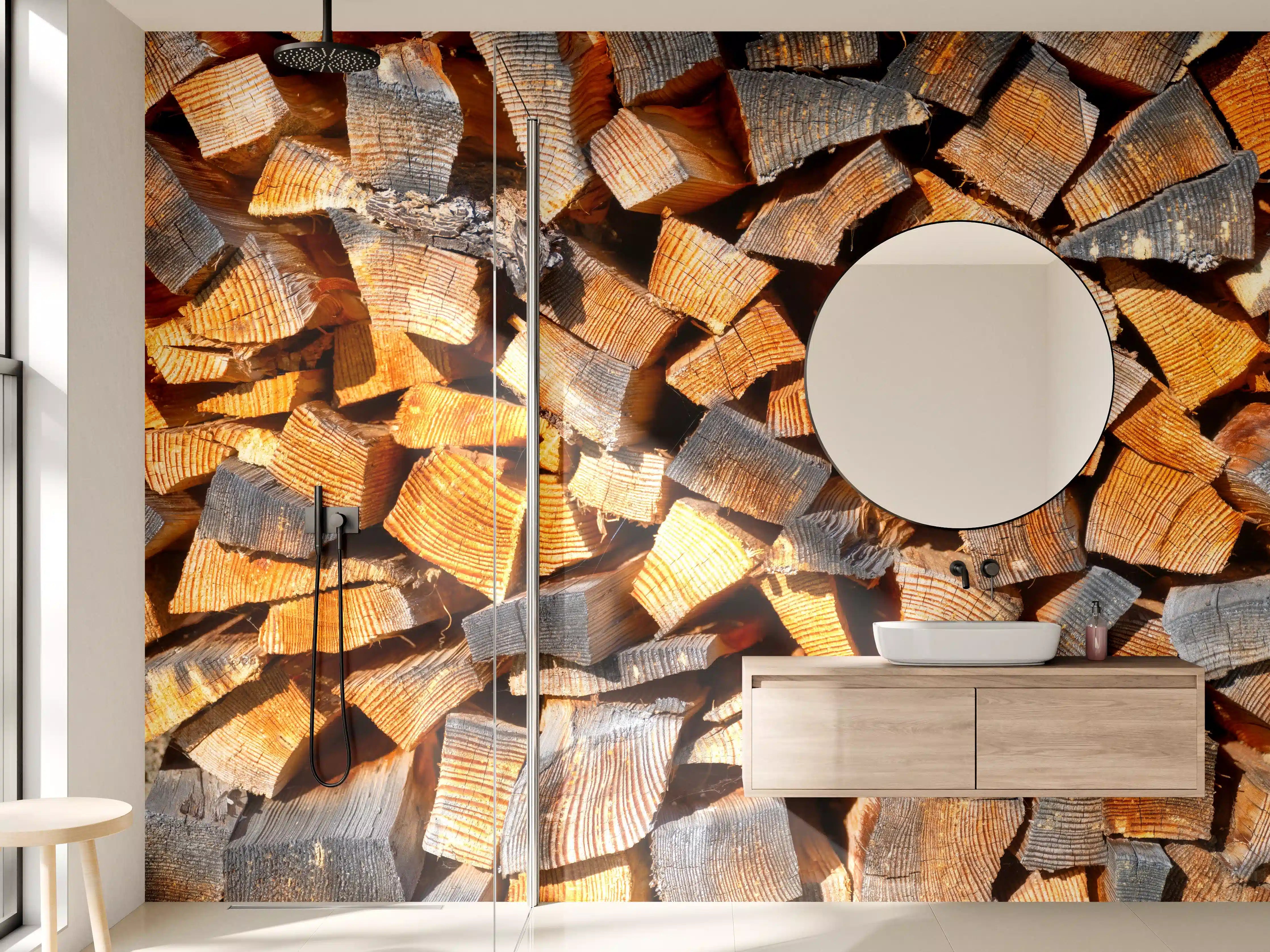 Wandverkleidung Bad - Holzstapel in warmen Tönen
