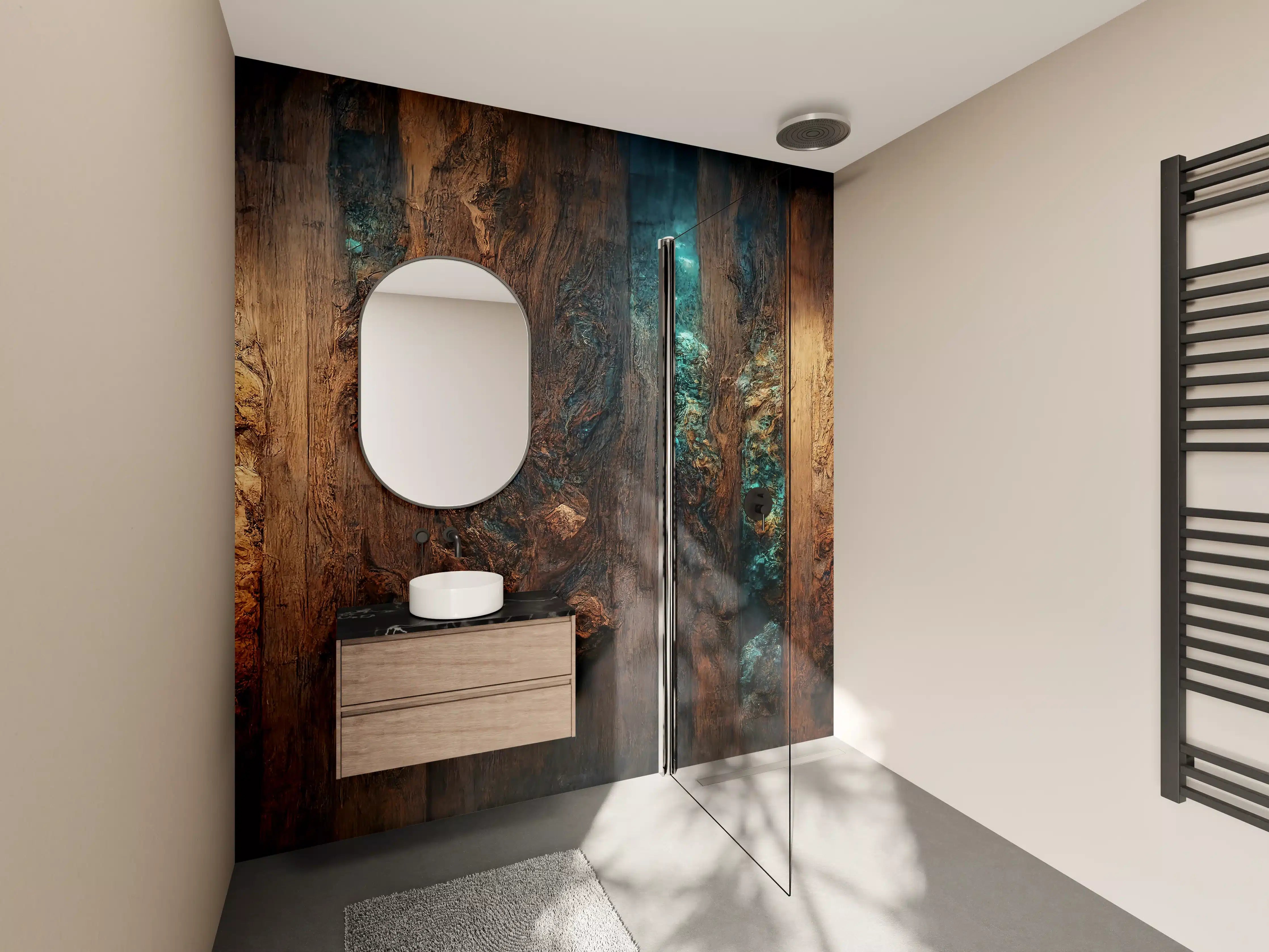 Wandverkleidung Bad - Holztisch mit blauen Epoxidharz